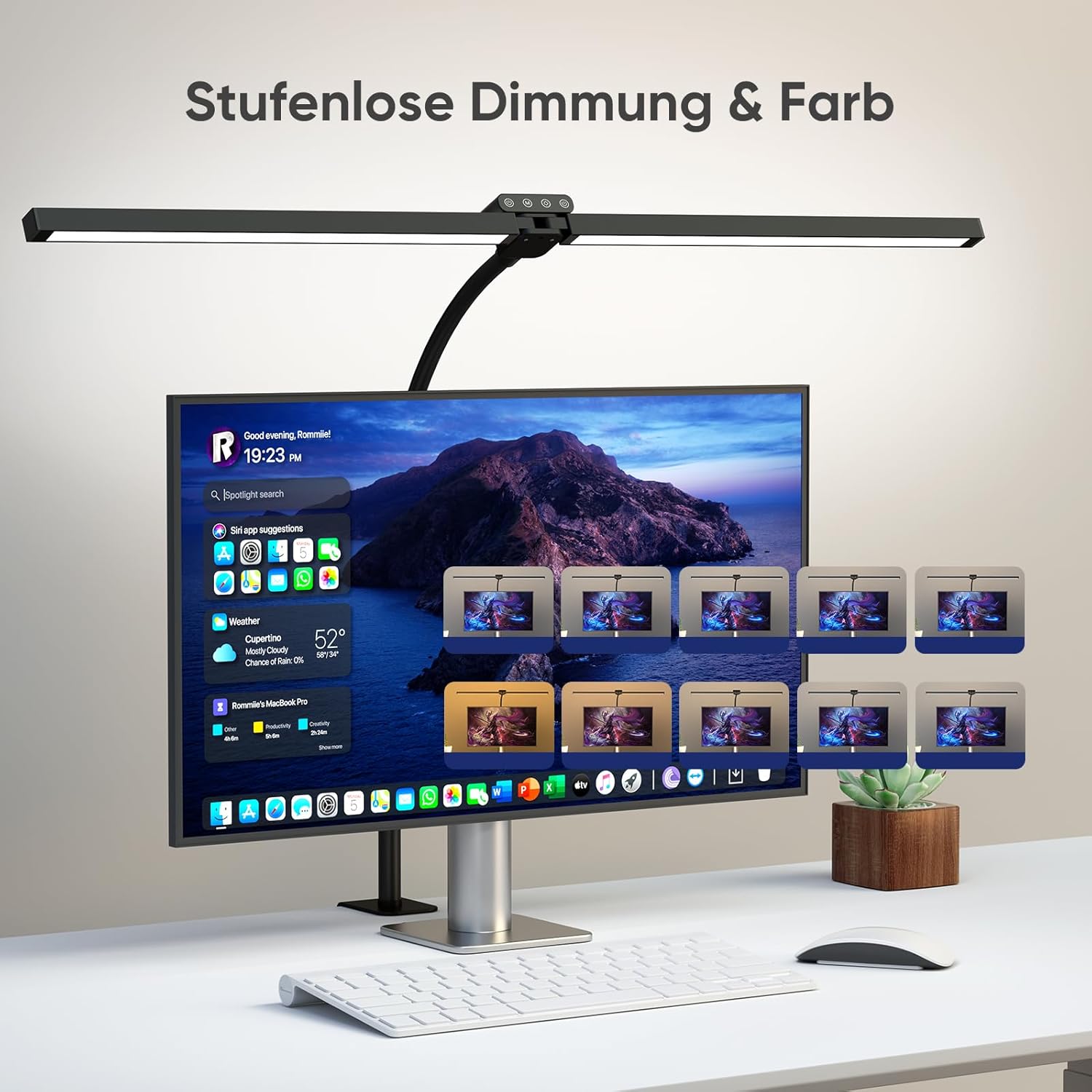 vatato Doppelkopf-LED-Schreibtischlampe mit RGB, 24 W dimmbare Schreibtischlampe mit Fernbedienungen, klemmbare Tageslichtlampe mit stufenloser Dimmung und Farbe, Büro-Tischlampe für Zuhause und Büro (schwarz) – Bild 2