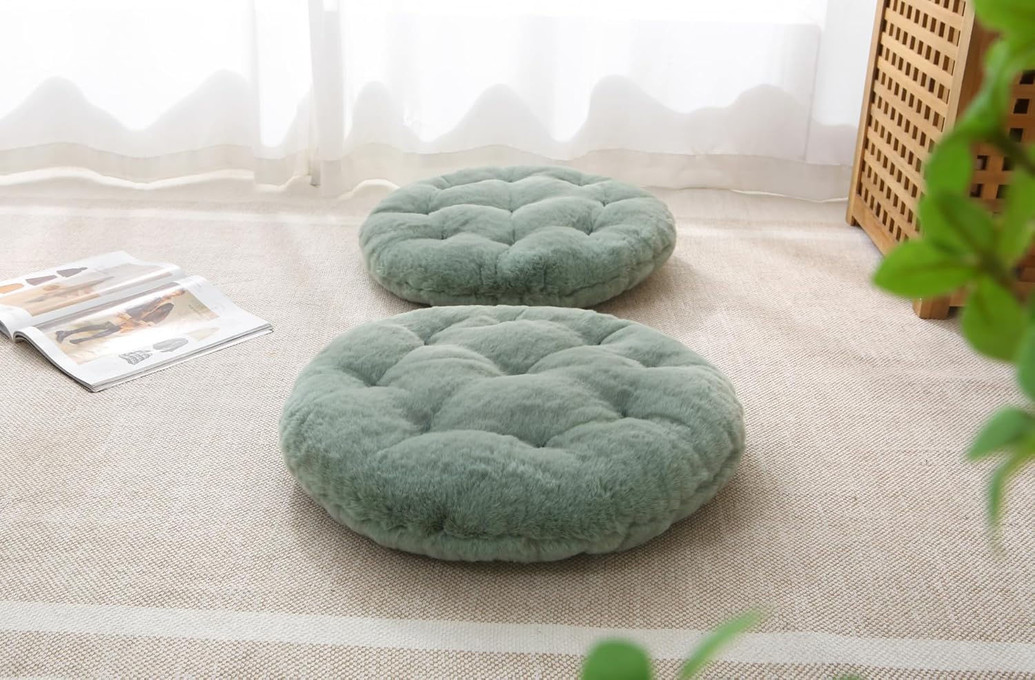 Rundes Bodenkissen für Erwachsene – 50 cm Meditationskissen aus Kunstkaninchenfell, weiches Sitzkissen für Wohnzimmer, Balkon, Yoga & Outdoor (Salbeigrün) – Bild 2