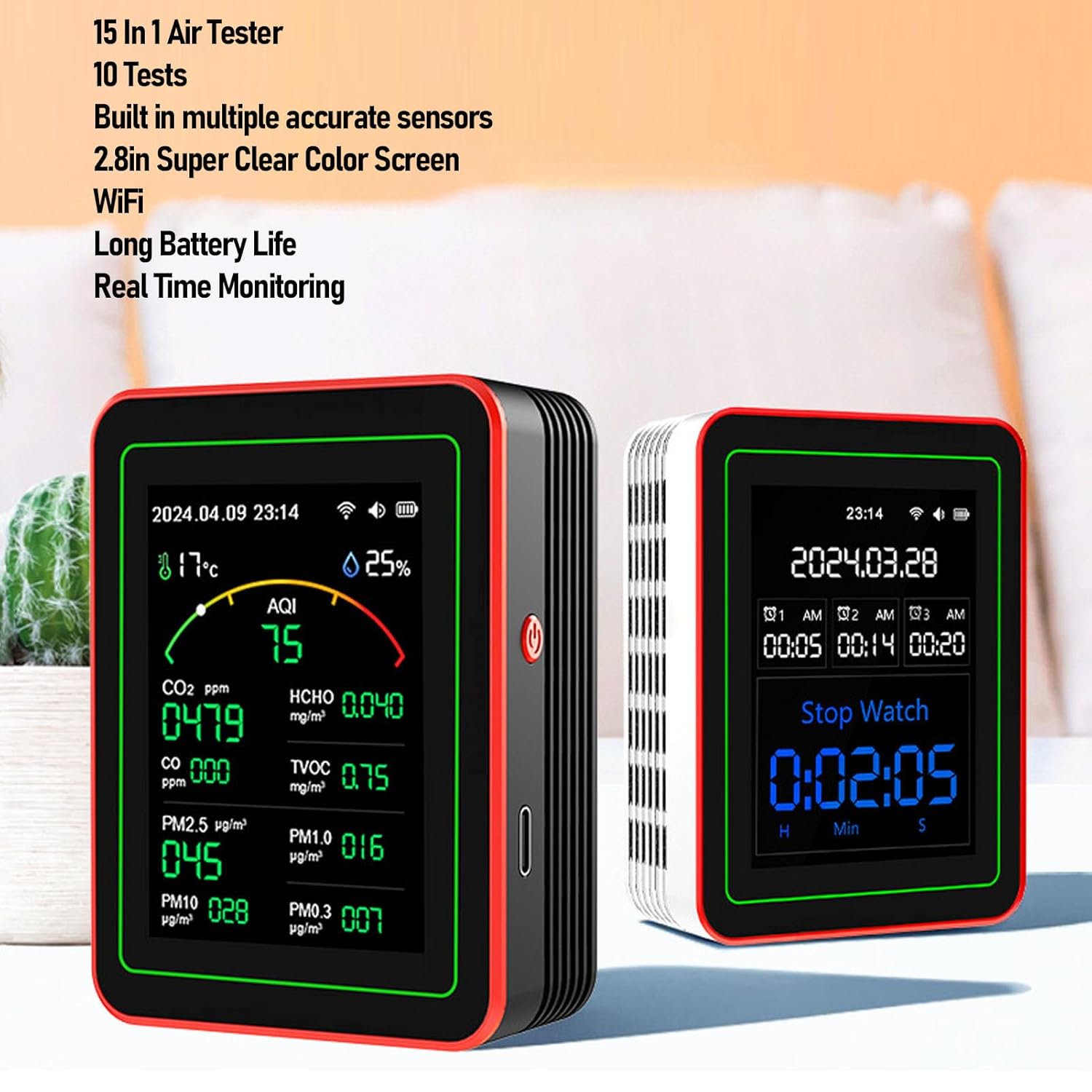 15-in-1-Luftqualitätsmonitor, tragbarer WiFi-Luftqualitätsmessgerät-Detektor mit CO2-TVOC-HCHO-PM2,5-Temperatur-Feuchtigkeitserkennung, 2,8-Zoll-LCD-Digitalanzeige für Zuhause (Schwarz + Rot) – Bild 5