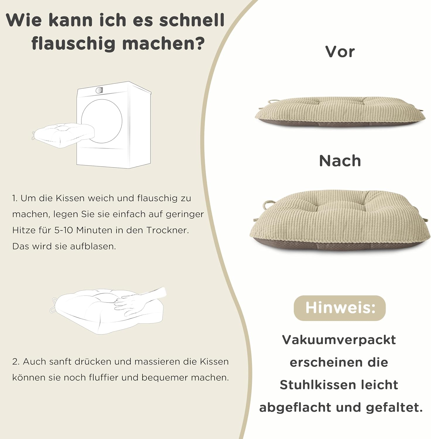 AddGrace Sitzkissen für Esszimmerstühle, 4er-Set, rutschfeste Küchensitzkissen mit Bändern, gequetschte dicke Sitzkissen für Küchen- und Esszimmermöbel, 43 x 40 x 8 cm, Beige – Bild 6
