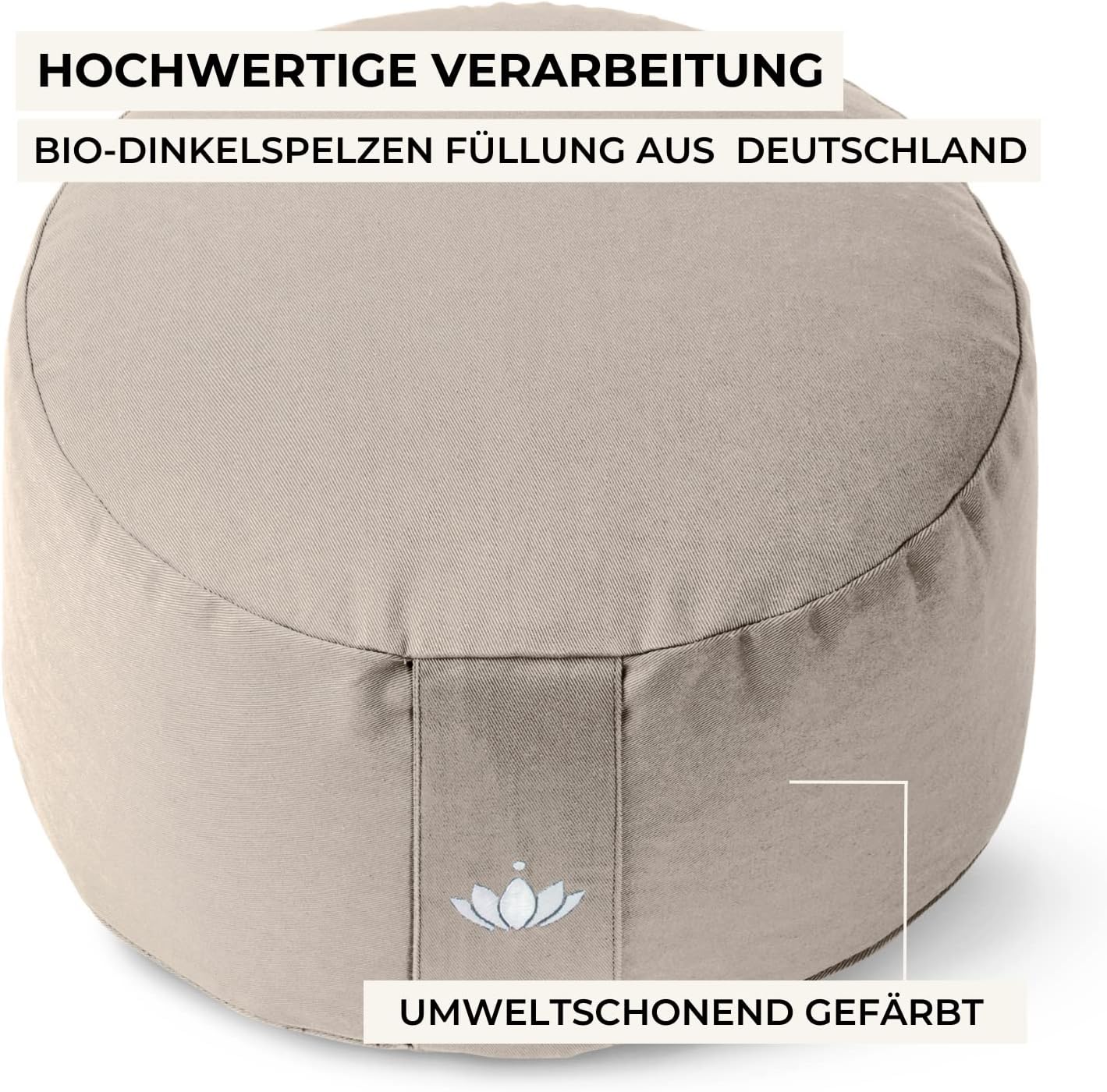 Lotuscrafts Meditationskissen extra hoch mit 20 cm Sitzhöhe, Yogakissen mit Dinkelfüllung, rundes Yogakissen, rundes Bodenkissen, Meditationskissen, waschbarer Bezug, GOTS zertifiziert – Bild 3
