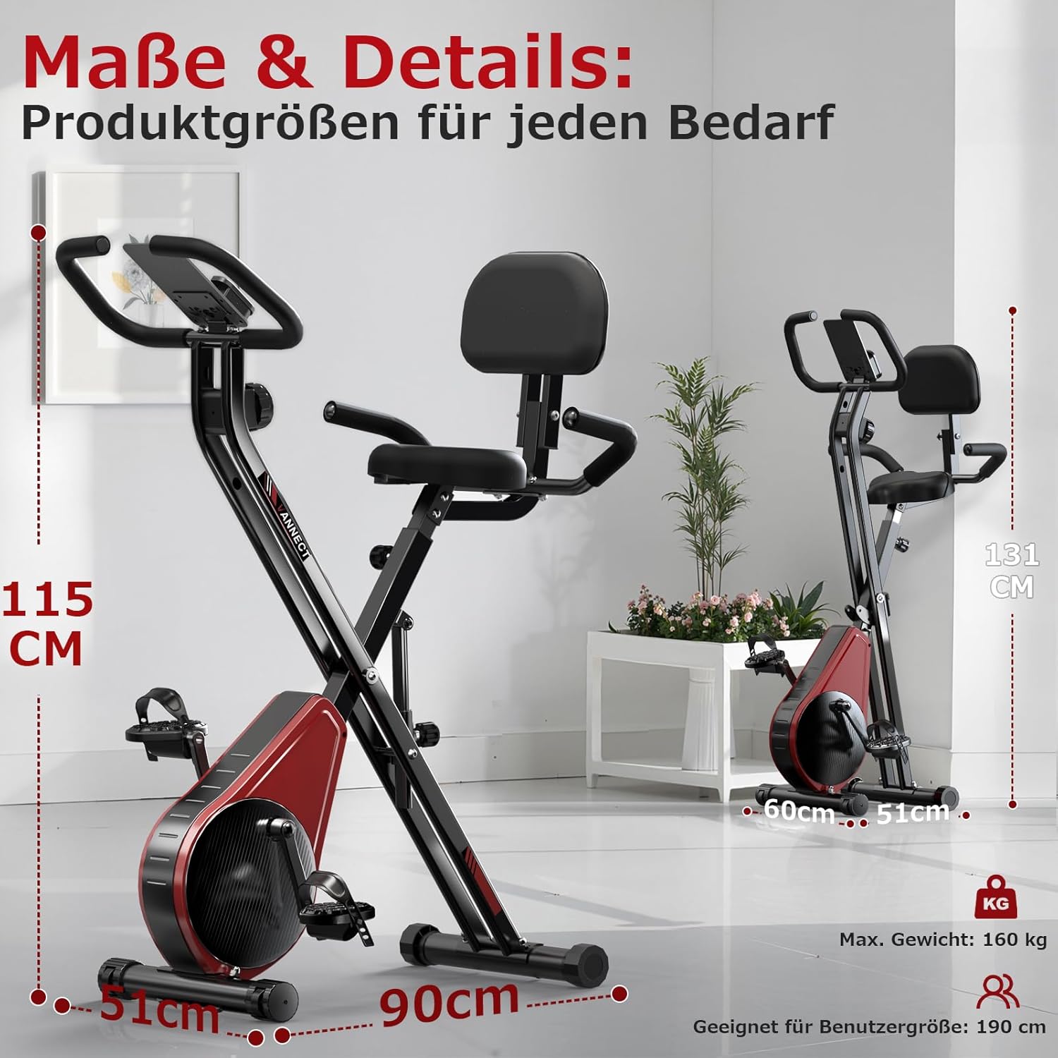 Heimtrainer Fahrrad Klappbar, VANNECT Hometrainer Fahrrad mit 16 Stufen Magnetwiderstand, Pulssensor, 160KG Belastbar, Verstellbarer Rückenlehne & Sitz, Fitnessbikes für Zuhause und Büro – Bild 4