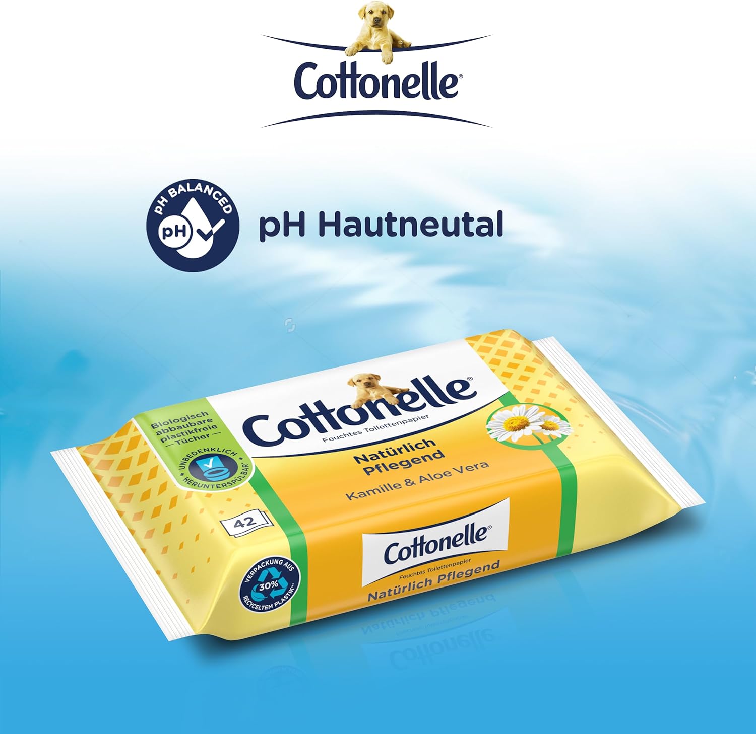 Cottonelle Feuchtes Toilettenpapier, natürlich pflegend – Kamille und Aloe Vera, biologisch abbaubar, plastikfrei, wiederverschließbar, Vorteilspackung, 12 x 42 Feuchttücher – Bild 3