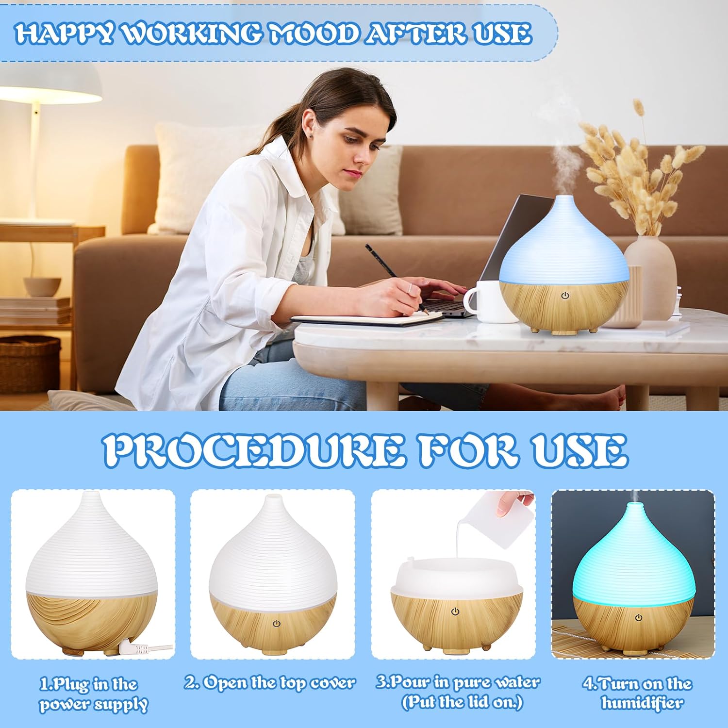 Aromadiffusor, 160 ml, kleiner Ultraschall-Aromatherapie-Diffusor für ätherische Öle, Holzmaserungsdiffusor, automatische Abschaltung bei Wasserlosigkeit, 7 Farben LED für Zuhause, Büro oder – Bild 4