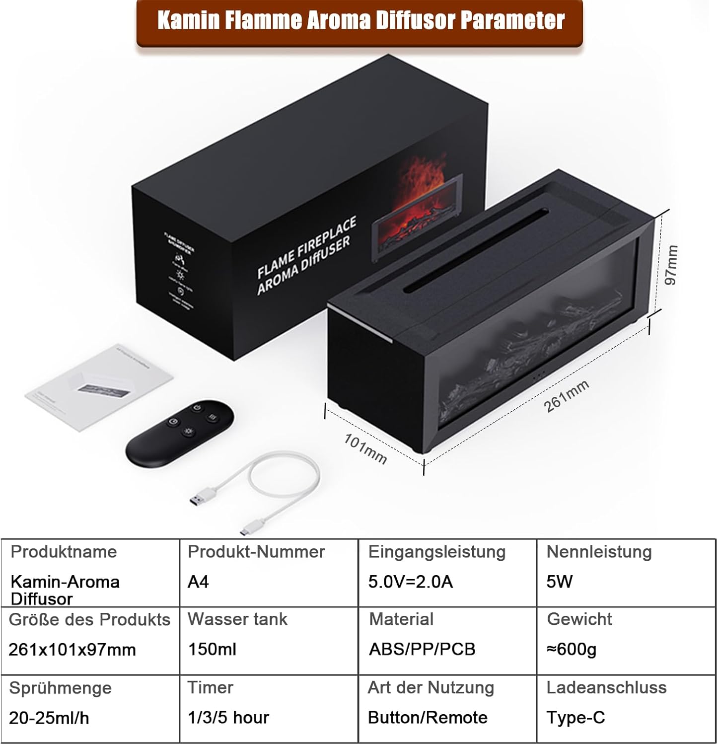 Aromadiffusor mit LED-Kamin, Duftöldiffusor für ätherische Öle mit 7-Farben-Lichtflammeneffekt, 150 ml Luftbefeuchter mit Fernbedienung, 4 Timer, wasserlose Abschaltautomatik (Schwarz) – Bild 7