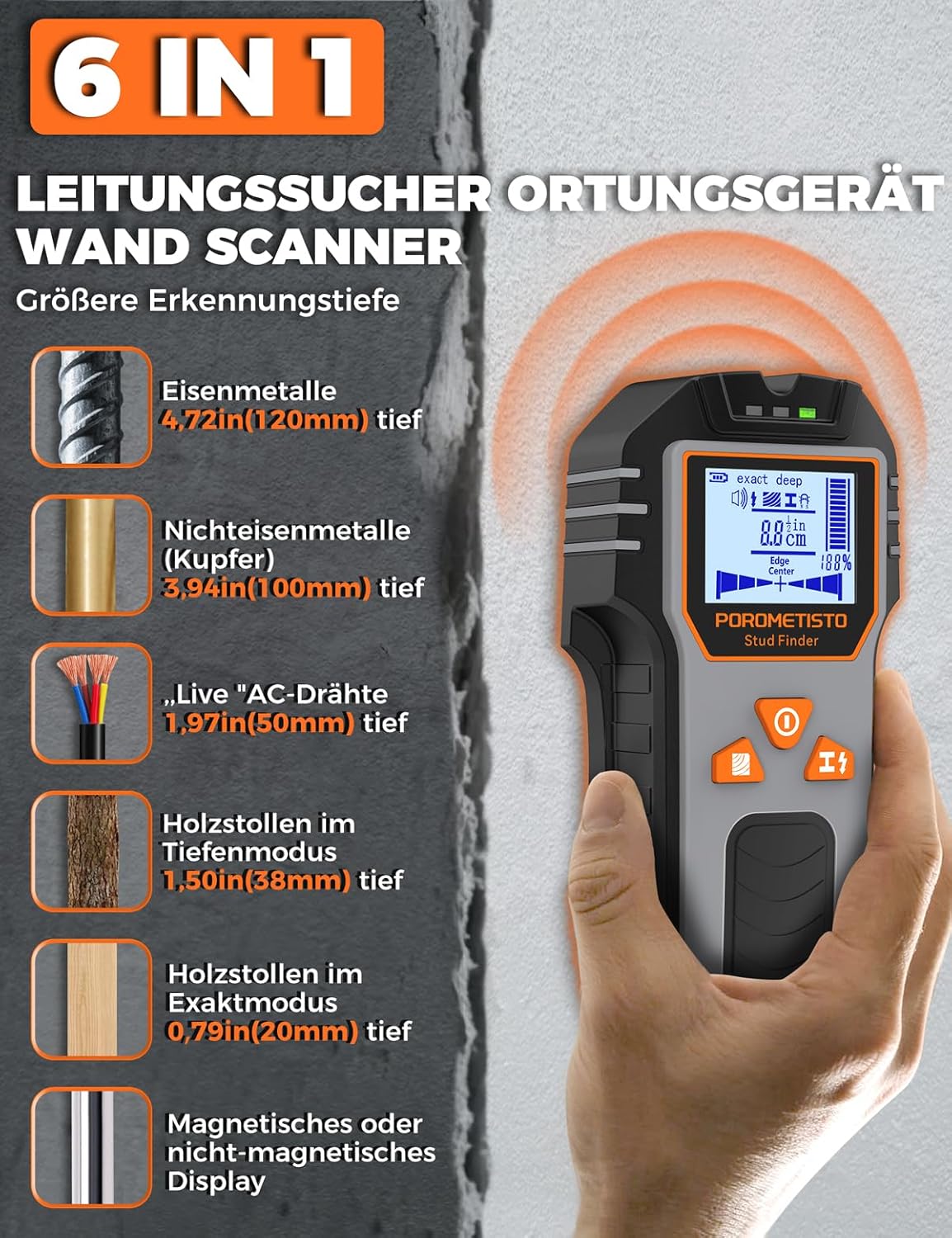 DSF01 Wandscanner, 6-in-1-Multifunktions-Bolzenfinder, Kabeldetektor für Holzpfosten, Eisenmetalle, Nichteisenmetalle, AC-Kabel – Bild 2