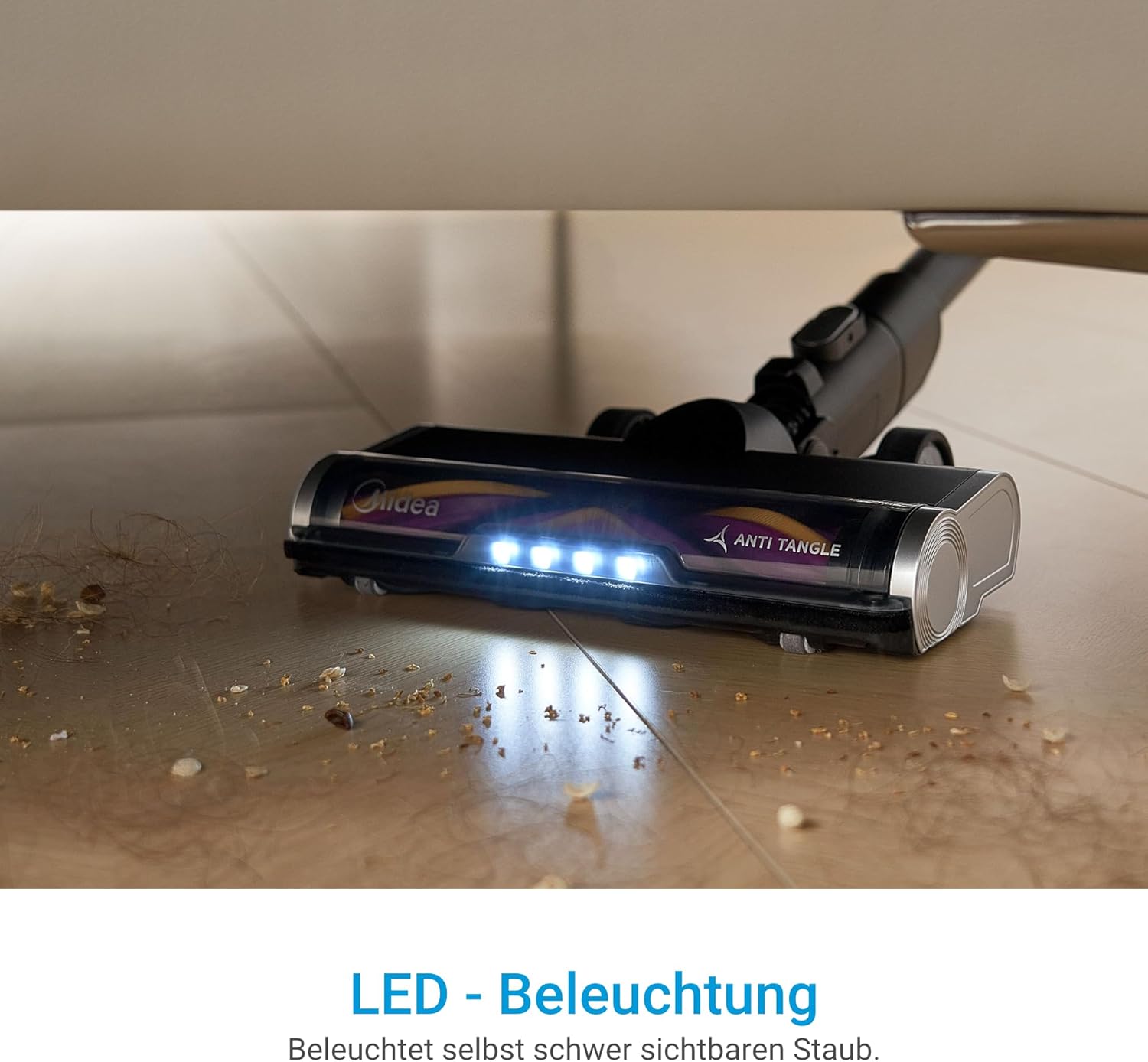 Midea Akku-Staubsauger mit Saugstation, 350 W, bis zu 60 Minuten Laufzeit, selbstentleerende Anti-Tangle-Bürste, LED-Düse, HEPA-Filter, für Allergiker geeignet, austauschbarer Akku, kabellos, schwarz – Bild 7