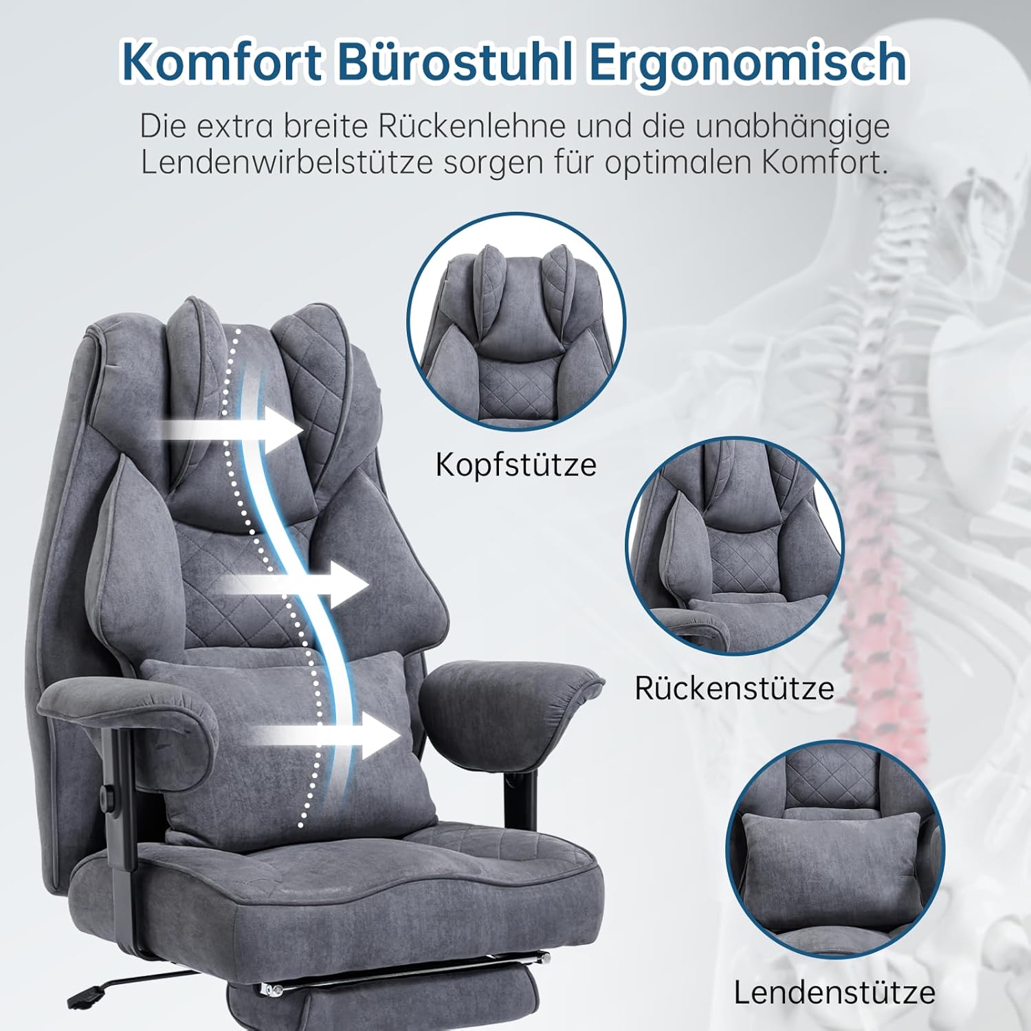 Ergonomischer Bürostuhl mit Fußstütze – Schreibtischstuhl Chefsessel 200 kg, starke Polsterung, hohe Rückenlehne, Lordosenstütze, Armlehnen höhenverstellbar, Wildlederimitat – Bild 5