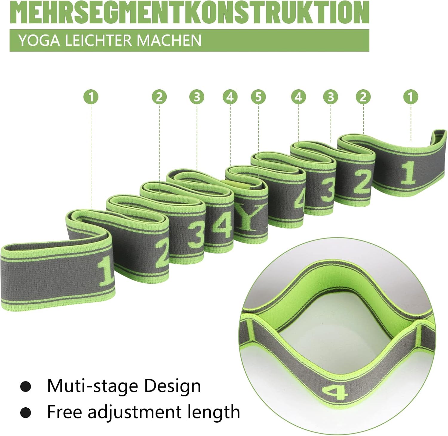 CLOPAE Yoga-Stretchband, Fitnessbänder, Yoga-Stretchgurt mit 9 Schlaufen, hochelastisches Gymnastikband, Upgrade Extend Yoga-Stretchgurt, effektives Dehnen – Bild 2