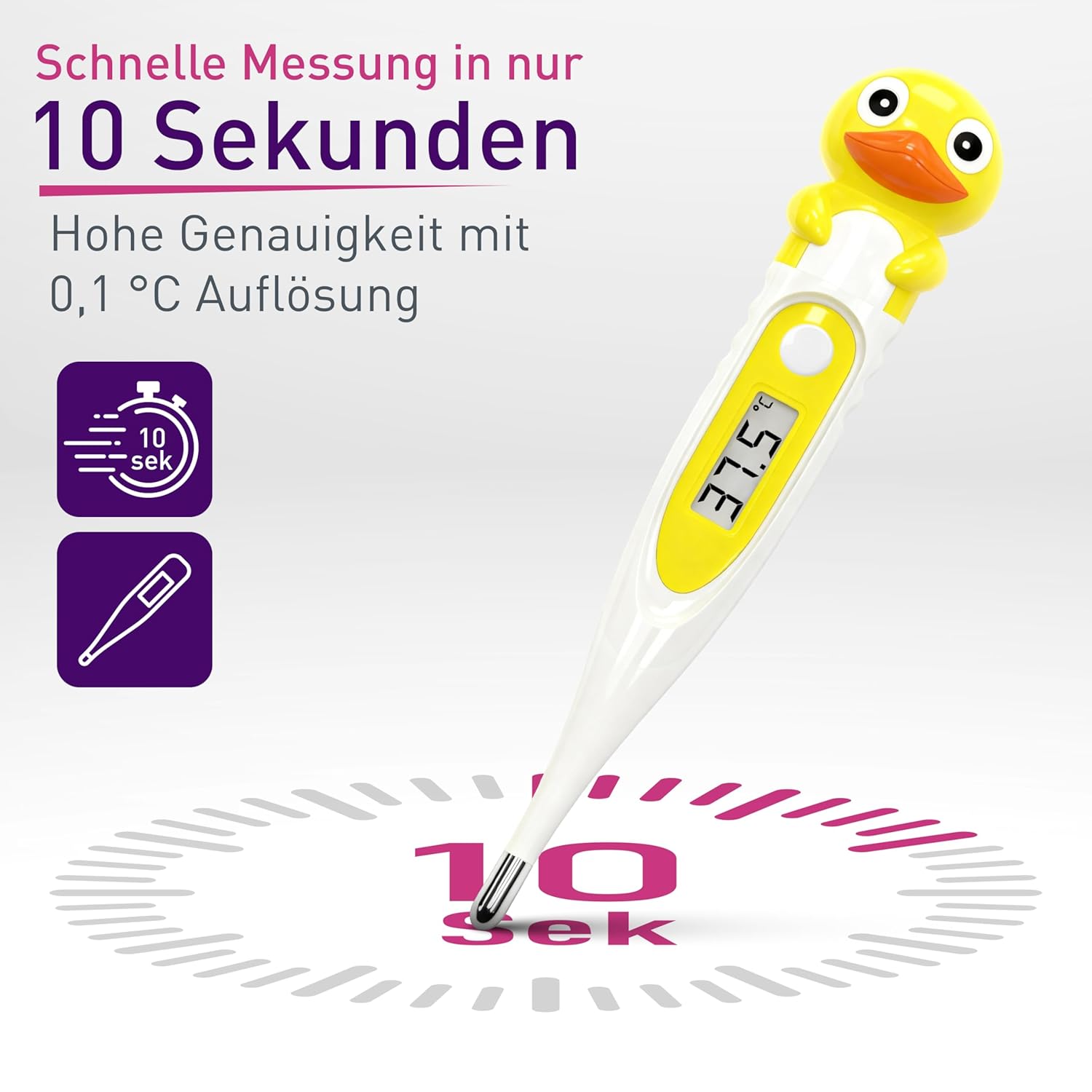 scala SC 44 flex Digitales Fieberthermometer Baby & Kinder – 10 Sekunden Messzeit, flexible Spitze, Fieberalarm, wasserdicht – oral, rektal & axillär – Entenmotiv – Bild 3