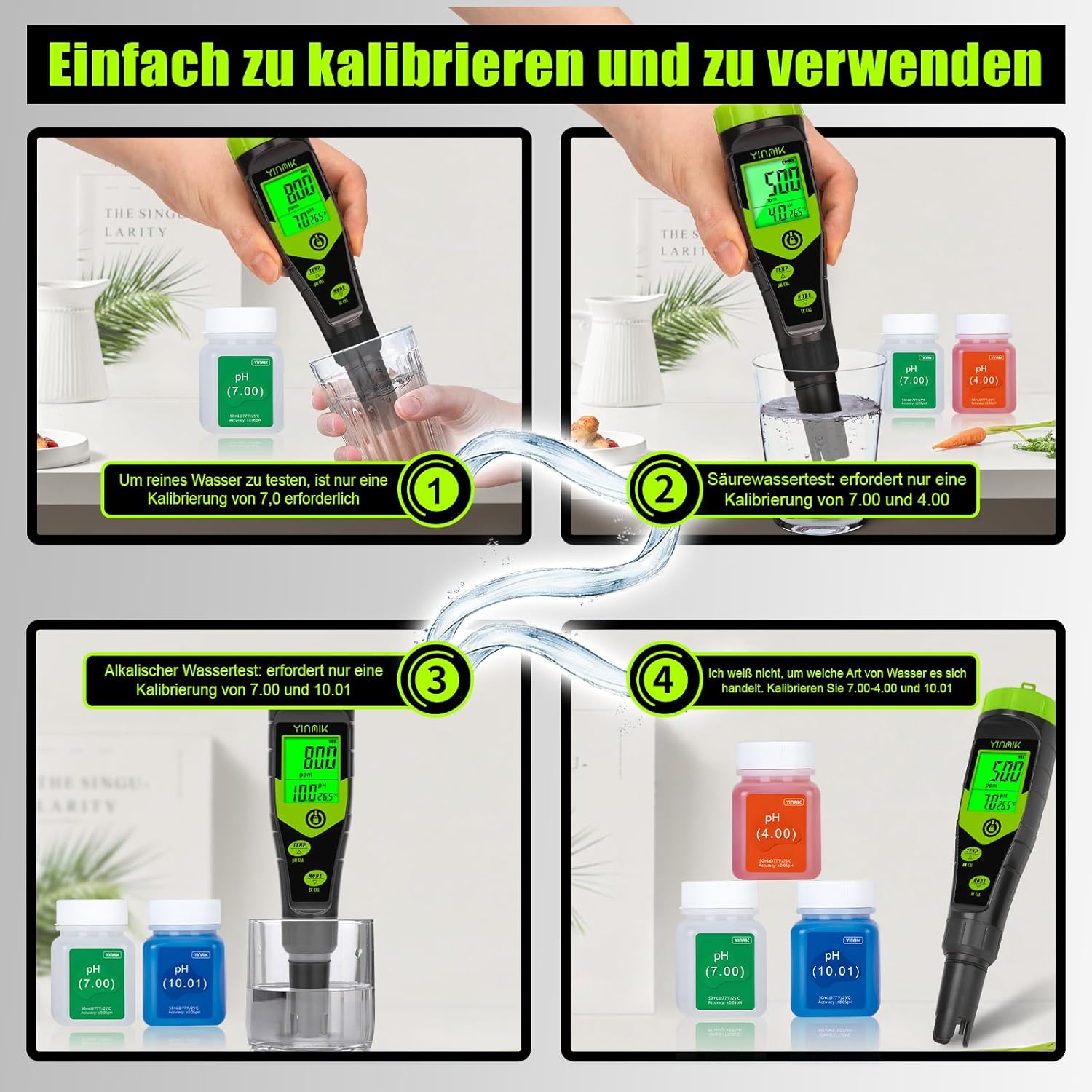 YINMIK pH-EC-Messgerät, Pool-pH-Tester, 4-in-1-Leitfähigkeitsmessgerät, PPM-Tester, gleichzeitige Messung von PH, EC, Temperatur und TDS für Wasser, Aquarium, Bierherstellung, Hydrokultur – Bild 5