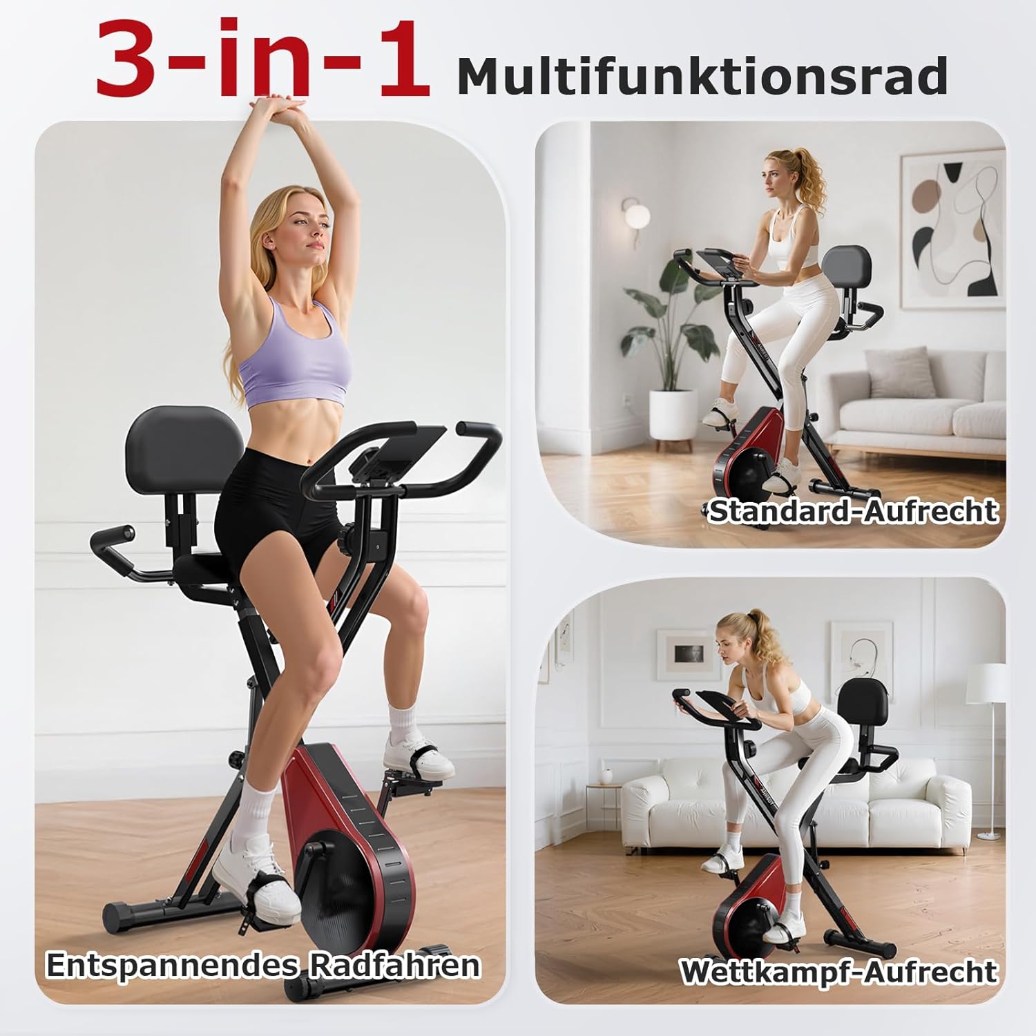 Heimtrainer Fahrrad Klappbar, VANNECT Hometrainer Fahrrad mit 16 Stufen Magnetwiderstand, Pulssensor, 160KG Belastbar, Verstellbarer Rückenlehne & Sitz, Fitnessbikes für Zuhause und Büro – Bild 3
