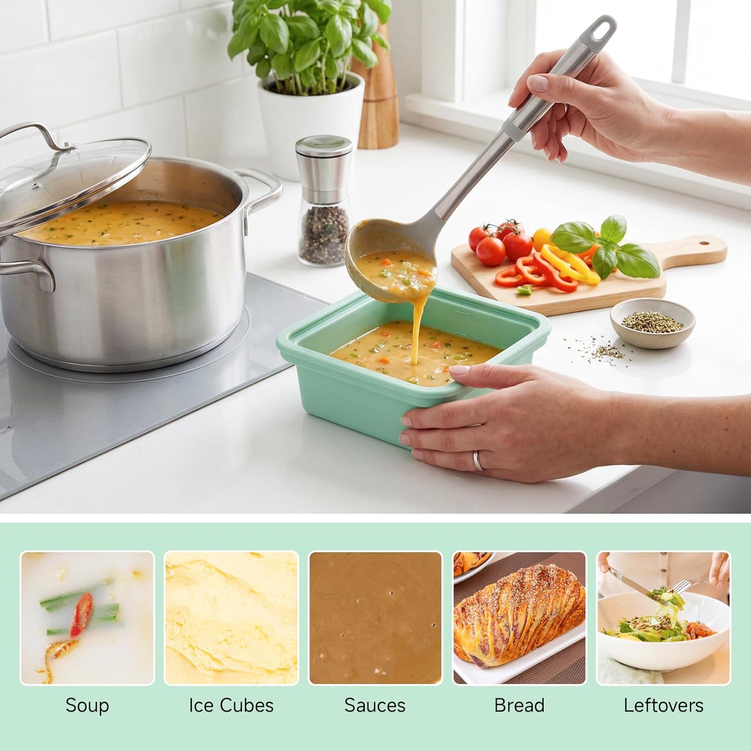 4 Stück extra große Silikon-Gefriertabletts, 2 Tassen Suppen-Gefrierschrank-Eiswürfelschalen mit Deckel, BPA-freie Lebensmittel, Suppen-Gefrierbehälter, stapelbar für Brühe, Soße, Eis, Essenszubereitung (500 ml) – Bild 7