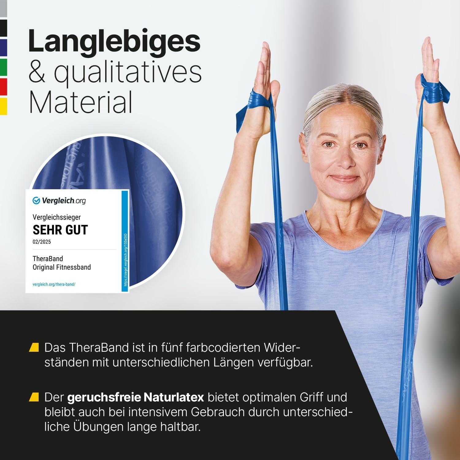 TheraBand 2,50m inkl. Türanker + Tasche | Widerstandsbänder | Terrabänder | Gymnastikband | Fitnessband | Stretchband | Heimtraining, Krafttraining, Rückenübungen, Therapie, Reha | 100 % Naturlatex – Bild 4
