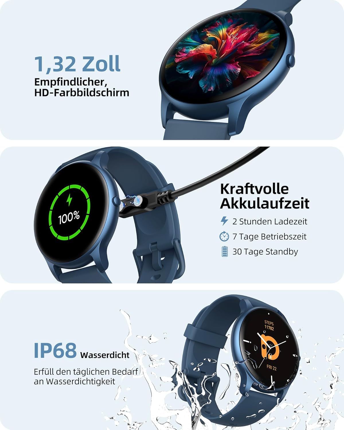 Parsonver SPROD1 Herren Runde Smartwatch mit Telefonfunktion, Fitnessuhr Damen Herren mit 100+ Sportmodi, Herzfrequenz-Schlafmonitor, Schrittzähleruhr mit IP68 Wasserdicht, Smartwatch, Damenuhr Blau, – Bild 7