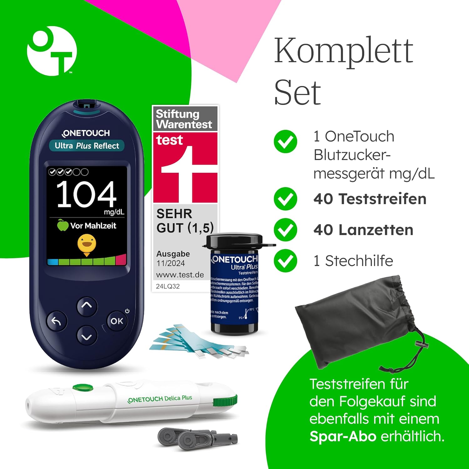 OneTouch Ultra Plus Reflect Blutzuckermessgerät-Set – Starter-Set Diabetes mg/dL – inklusive 40 Teststreifen & 40 Lanzetten – präzise Messung, einfache Handhabung – Stiftung Warentest SEHR GUT (1,5) – Bild 8