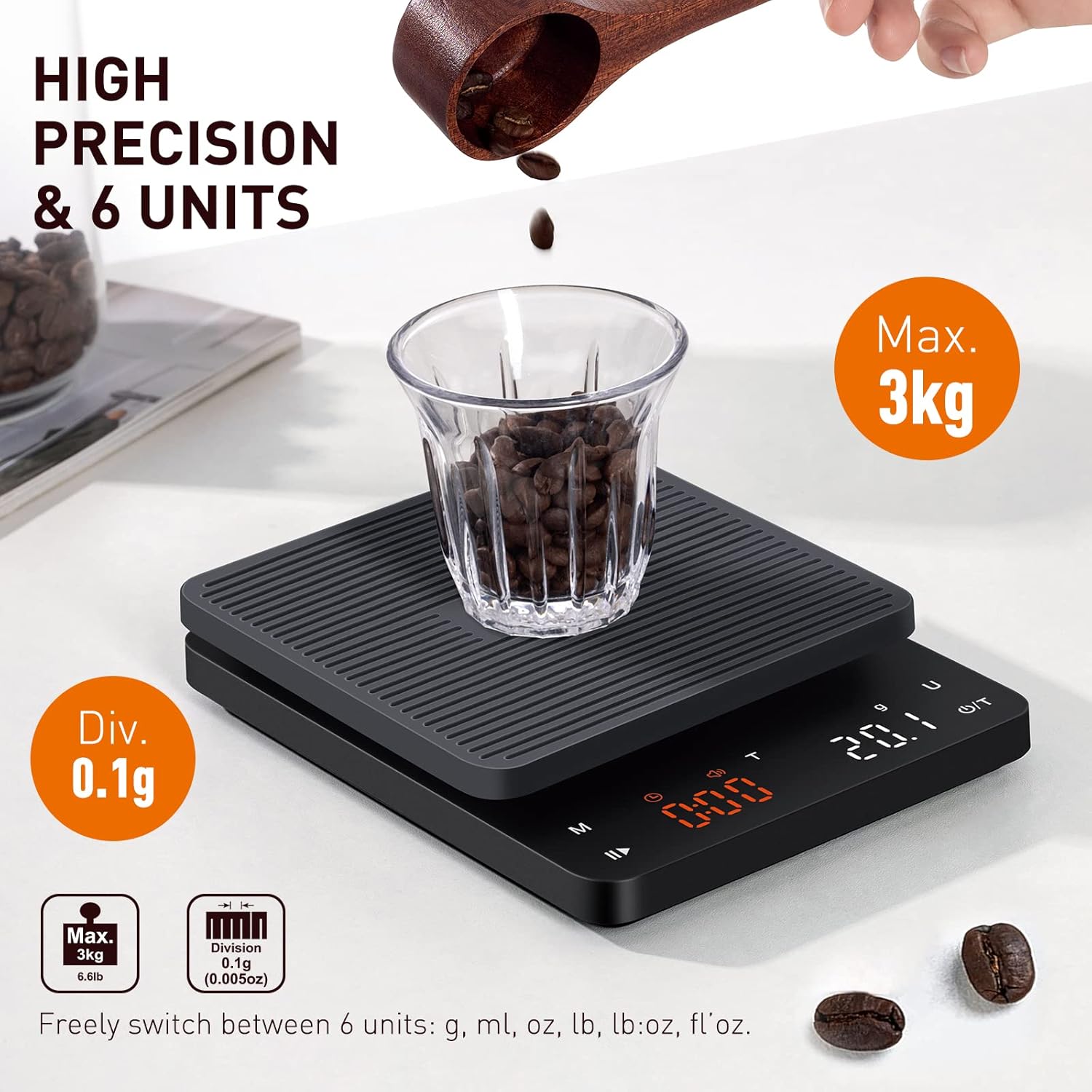 Bagail Digitale Kaffeewaage mit Timer, 0,1 g, hochpräzise elektronische Küchenwaage mit großem Display und automatischer Zielanzeige, wiederaufladbare Waage für Filterkaffee, max. Gewicht 3 kg – Bild 3