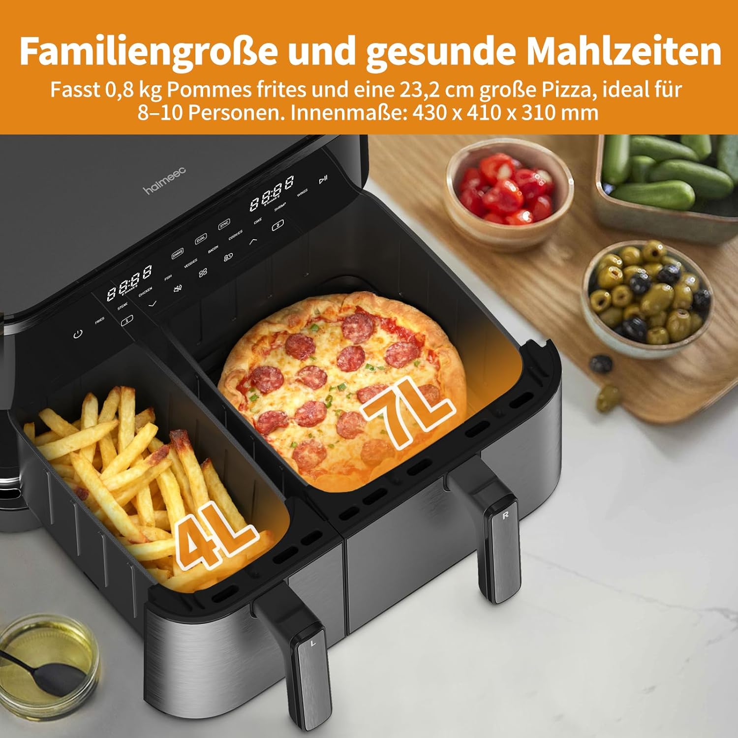 Digitaler Airfryer 11L, Heißluftfritteuse 2 Kammern mit Grillfunktion, 10-in-1, ölfreie Heißluftfritteuse mit Schüttelerinnerung – Bild 6