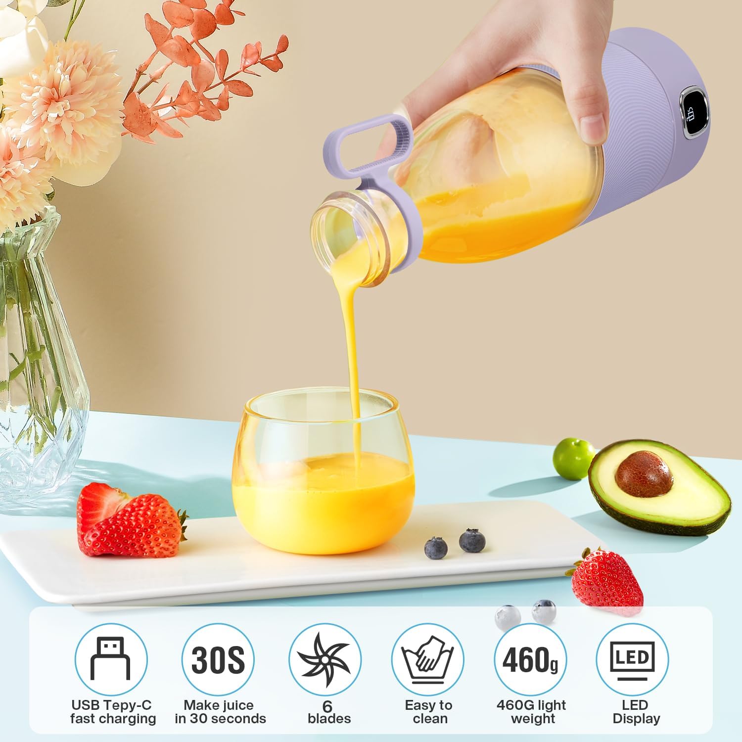 Tragbarer Mixer, MIAOKE 6-Klingen-Entsafterbecher für Saft, Shakes und Smoothies, 350 ml Mini-Mixer mit LED-Anzeige, USB wiederaufladbar, 3000 mAh wiederaufladbarer Akku, für Zuhause, Sport, Outdoor – Bild 4