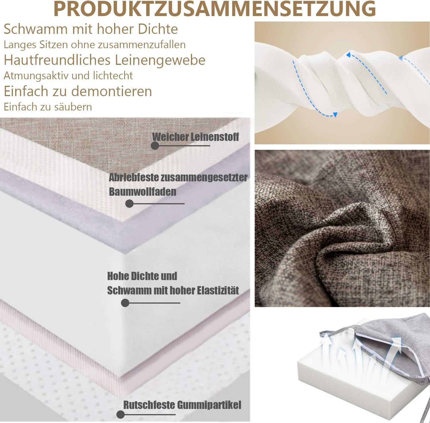 Kimgull 2er-Set Stuhlkissen mit Bändern, bequemes, waschbares, rutschfestes Sitzkissen, ideal für Haus- und Gartendekoration, viele Farben und Größen zur Auswahl (43 x 42 x 3 cm, Taupe) – Bild 3