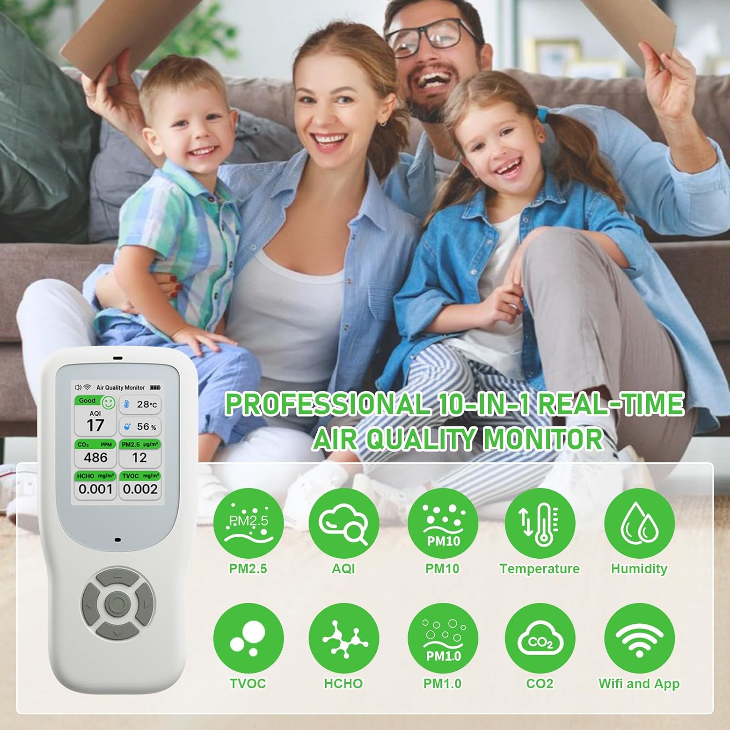10-in-1-Luftqualitätsmessgerät-Detektor, NDIR-WLAN-Luftqualitätsmonitor mit AQI/CO2/PM1,0/PM2,5/PM10/HCHO/TVOC, Temperatur und Luftfeuchtigkeit, tragbarer Formaldehyd-Detektor mit Smart App für das Home Office – Bild 2