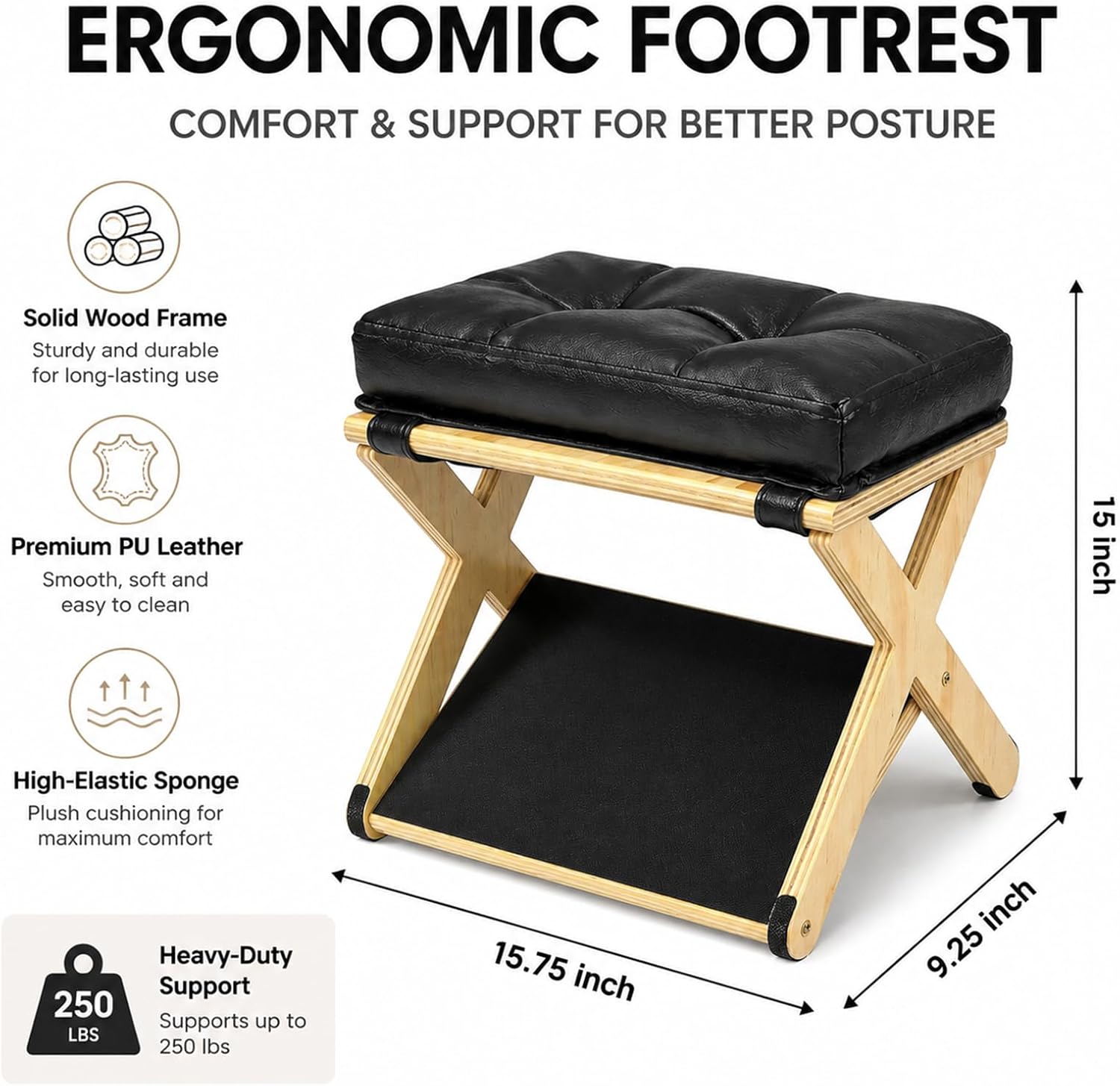 Yuragim 2-in-1 Fußstütze Schreibtisch Ergonomisch aus Holz mit abnehmbarem Polster, Fußablage Höhenverstellbar Rutschfest, Fußhocker Fußbank für Büro Home Office Wohnzimmer Schlafzimmer Schwarz – Bild 2