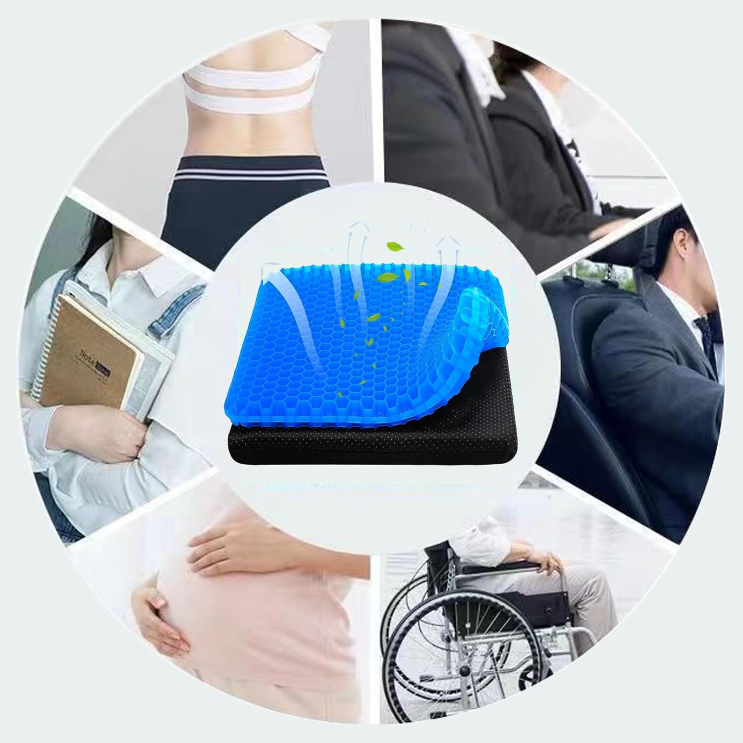 Gel-Sitzkissen, Gelkissen-Sitzkissen mit rutschfestem Bezug, Sitzkissen, orthopädisch, Wabenstruktur, elastisches Sitzkissen, atmungsaktives Stuhlkissen für Auto, Büro, Rollstuhl – Bild 7