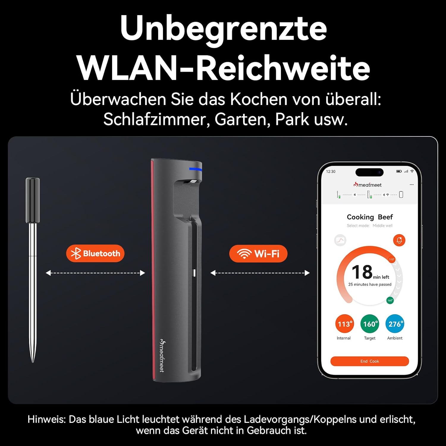 Pro Fleischthermometer kabellos mit WLAN und Bluetooth, App-Überwachung mit Timer und Alarm, IP67 wasserdicht und ölbeständig, kabelloses Fleischthermometer für BBQ, Ofen, Grill, Küche – Bild 2