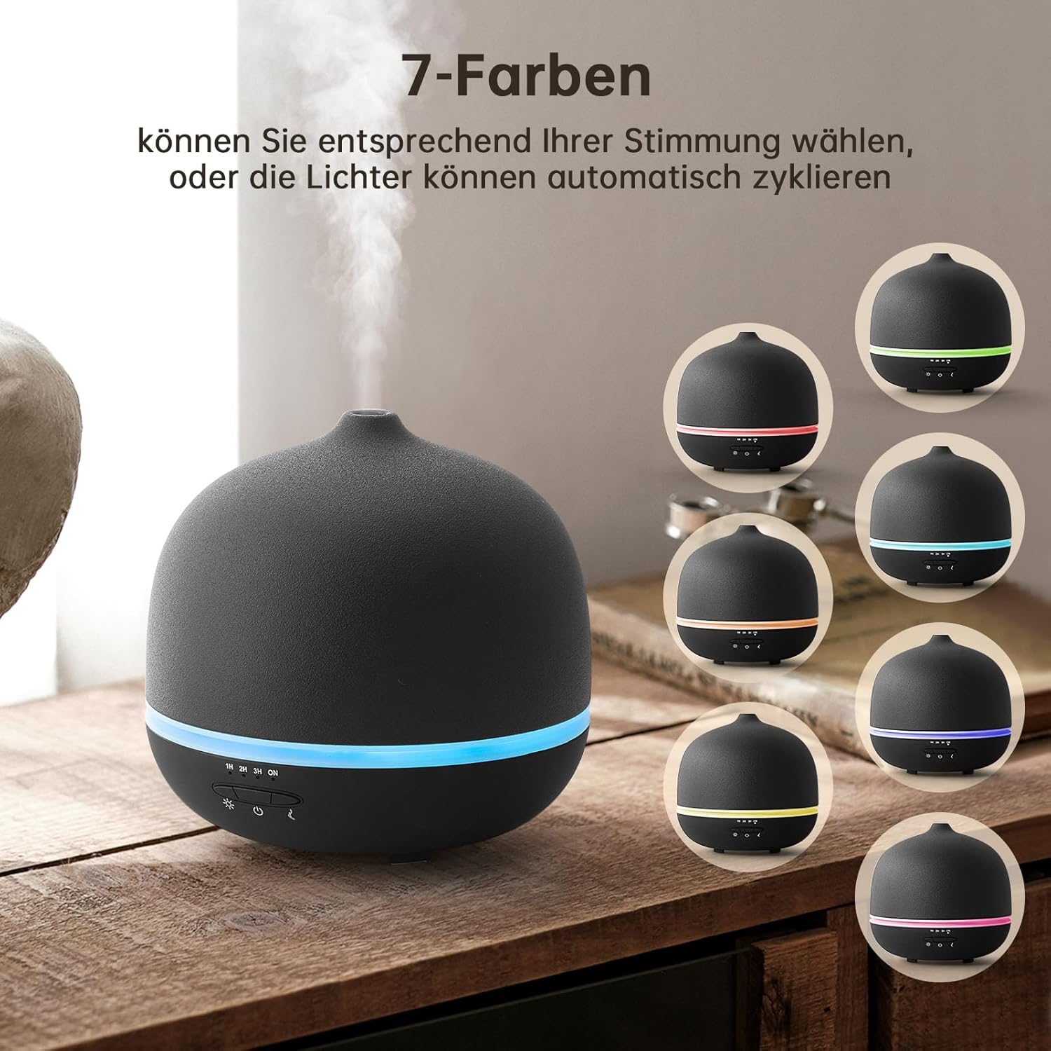 JESMAY Keramik-Aromadiffusor für ätherische Öle, 500 ml, schwarzer Luftbefeuchter, 7-Farben-Umgebungslichtstreifen, mit Timer, automatische Abschaltung ohne Wasser – Bild 3