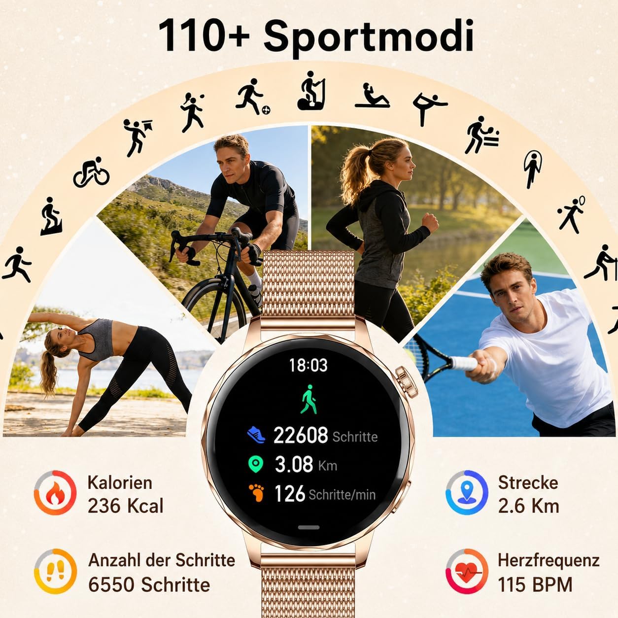 Efolen Damen Runde Smartwatch 1,27 Zoll HD Smartwatch mit Telefonfunktion, 120+ Sportmodi, IP68 wasserdichte Fitnessuhr mit Herzfrequenz-SpO2-Schlafmonitor, Fitness-Tracker für Android iOS Roségold – Bild 4