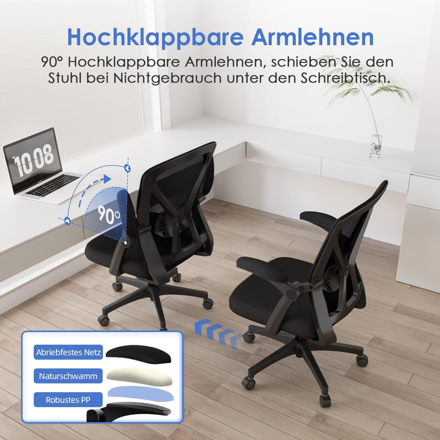 Hinonde Bürostuhl, Schreibtischstuhl mit klappbaren Armlehnen und Wippfunktion, 360° Drehstuhl, höhenverstellbarer Bürostuhl, ergonomischer Home-Office-Stuhl mit atmungsaktivem Netz, bis 150 kg – Bild 5
