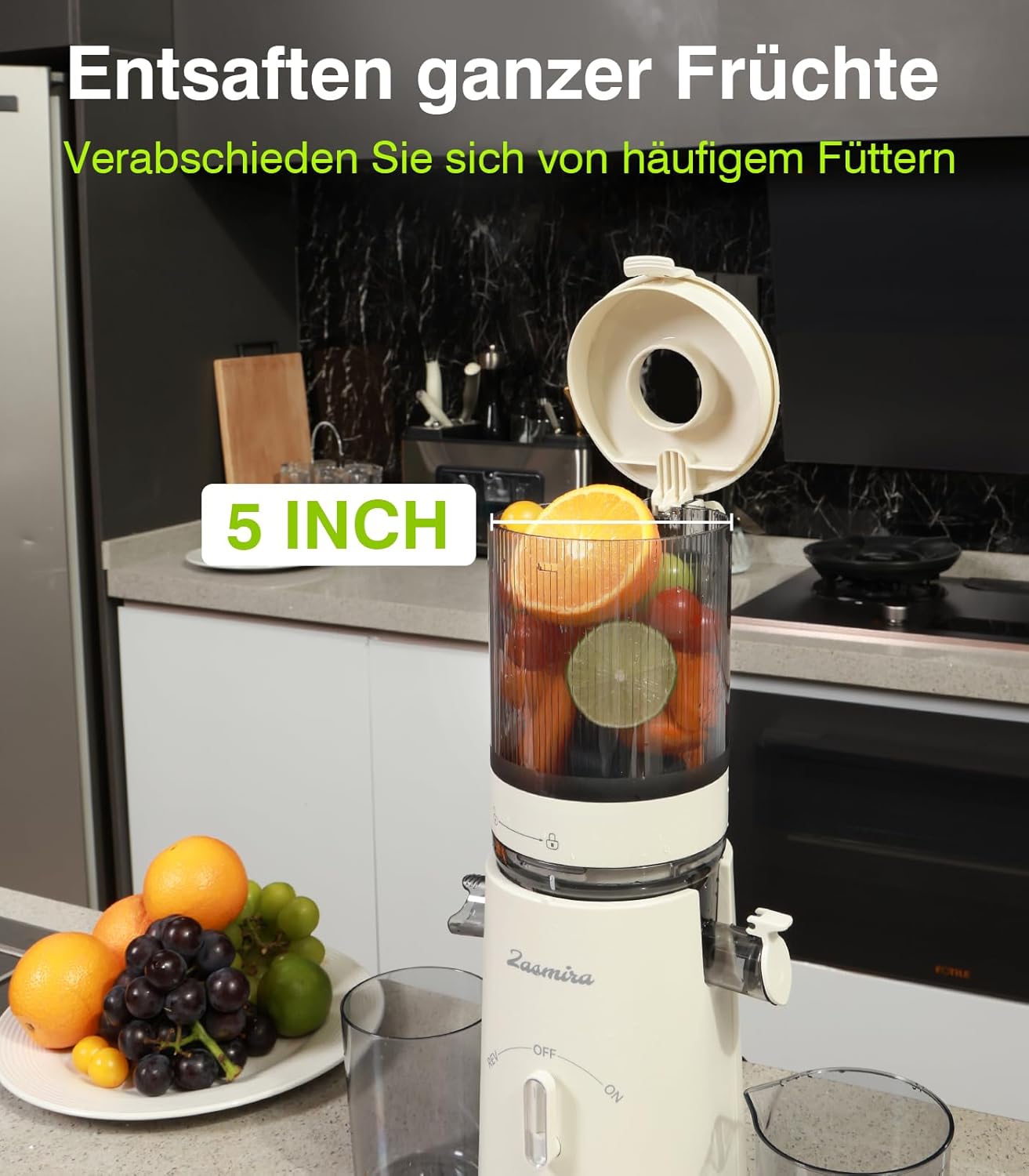 Slow Juicer, Zasmira Entsafter für Gemüse und Obst mit 120 mm breitem Einfüllschacht, hohe Saftausbeute für ganze Gemüse und Früchte, leicht zu reinigen, weiß – Bild 2