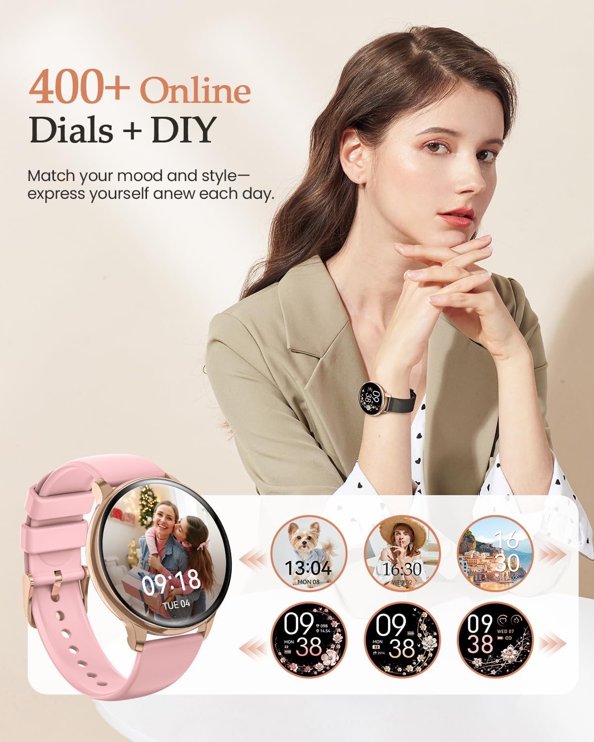 Damen Smartwatch 1,27 Zoll HD Fitnessuhr mit Telefonfunktion, Menstruationszyklus, 120+ Sportmodi, 24H Herzfrequenzmonitor, 24H SpO2, Schlafmonitor, Kalorien, Fitnesstracker, IP68 iOS Android Gold Schwarz – Bild 8
