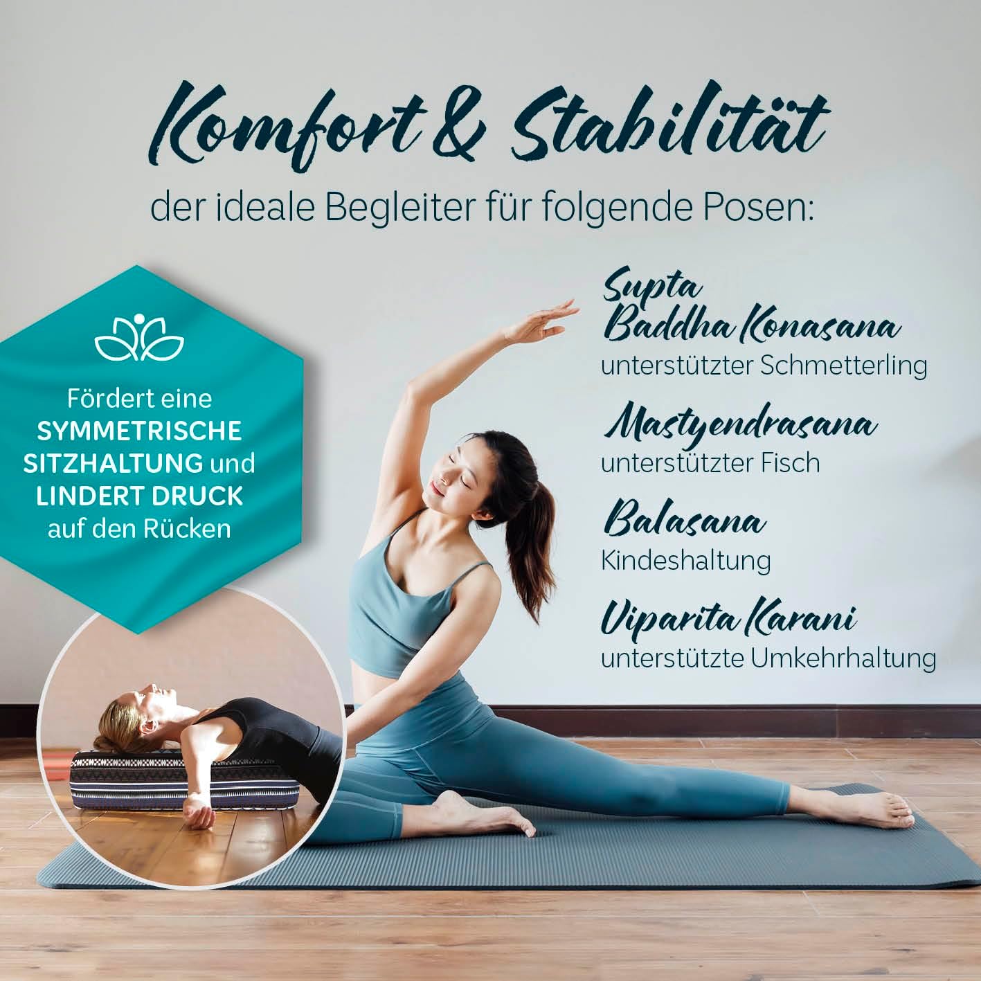 Rundes Yoga Bolster „Krishna“ mit Bio-Dinkelspelz / Länge ca. 68 cm und Durchmesser ca. 22 cm - Yogakissen / Dinkelspelzfüllung / maschinenwaschbar und hautfreundlich / Sitzkissen / Meditation – Bild 5