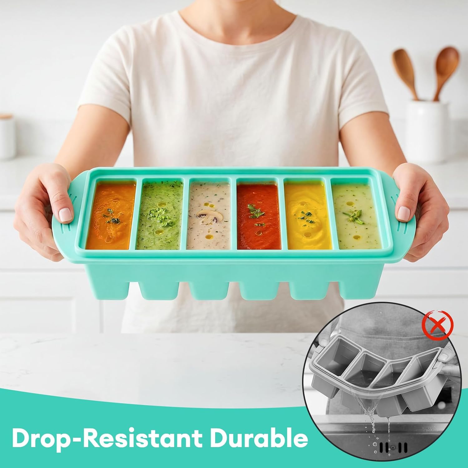 2er-Pack Suppen-Gefrierbehälter, 6 Fächer × 165 ml Suppenwürfel, Silikon-Gefrierbehälter mit Deckel, BPA-frei, Lebensmittel-Suppen-Gefrierschrank, Suppen-Eiswürfelform für Brühe, Soße, Eis (Mintgrün) – Bild 6