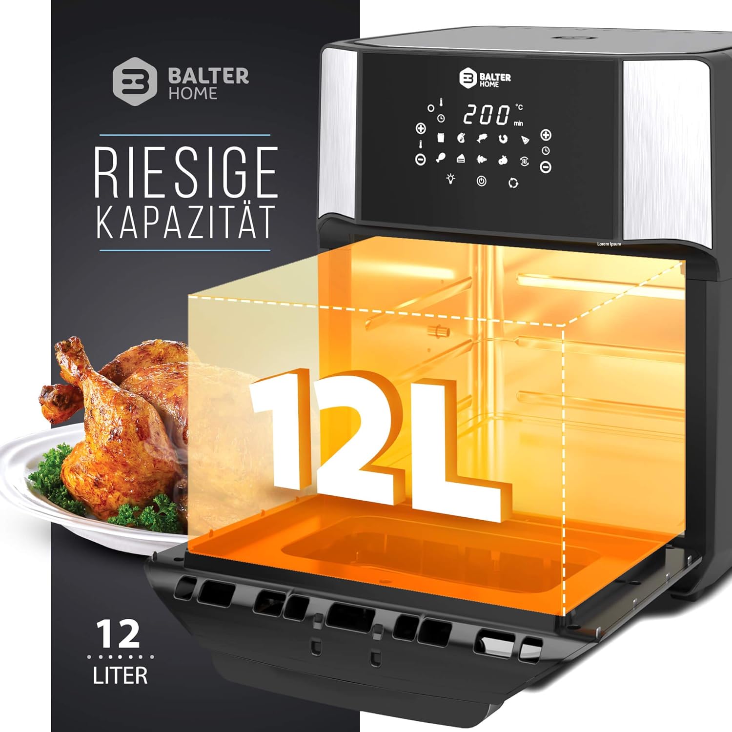 Balter Heißluftfritteuse, 12 Liter XXL, Minibackofen, Dörrgerät, Fritteuse, 10 Programme, All-In-1-Luftfritteuse, Rezeptbuch, HL-1200 – Bild 5