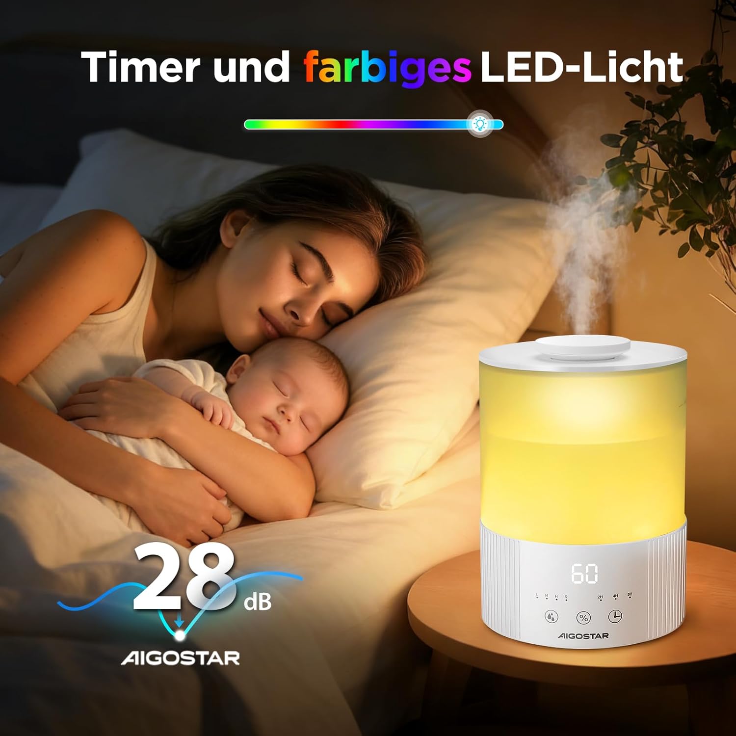 Aigostar Schlafzimmer-Luftbefeuchter mit Hygrometer – 2,5 l Ultraschall-Raumbefeuchter, 28 dB leise, Aromadiffusor für ätherische Öle, 3 Nebelstufen und Timer – für Baby, Pflanzen und Büro – Bild 7
