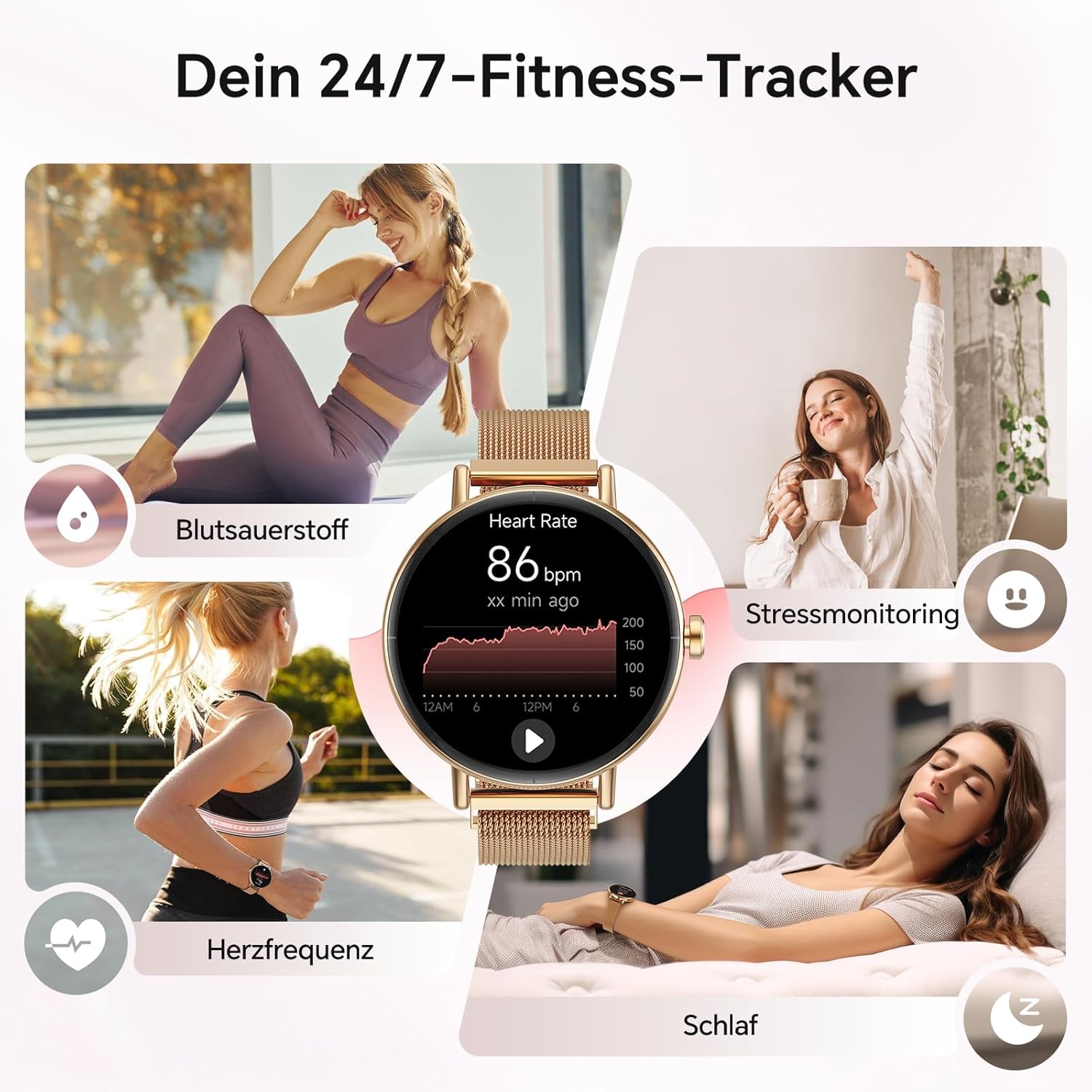 Gydom Runde Smartwatch für Damen, 1,27 Zoll, Smartwatch mit Telefonfunktion, Fitnessuhr mit SpO2, Herzfrequenz, Stress, Kalorien, Schlaf, Schrittzähler, 100+ Sportmodi, IP68, wasserdichte Sportuhr für iOS – Bild 3