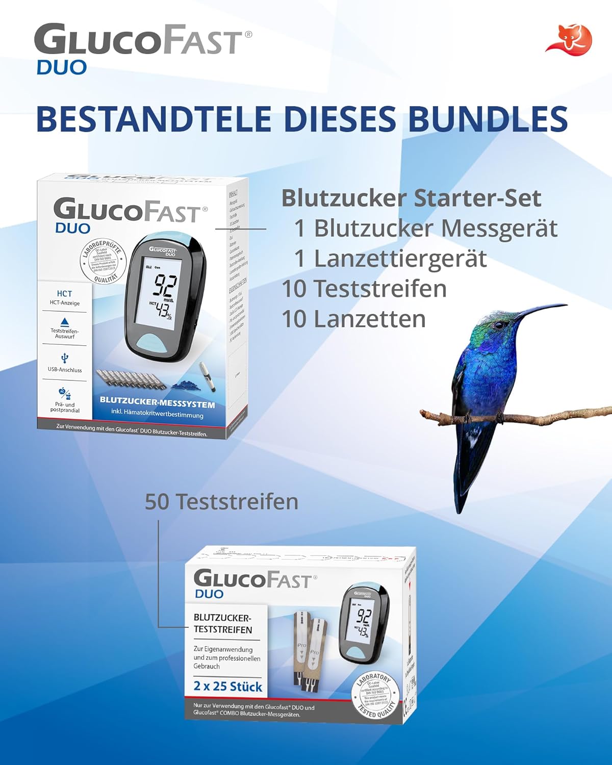 Duo Blutzuckermessgerät (mg/dL) Set mit 60 Teststreifen und 10 Lanzetten | Zertifiziertes Diabetes-Messsystem mit hoher Genauigkeit | Einfach zu bedienen – Bild 2