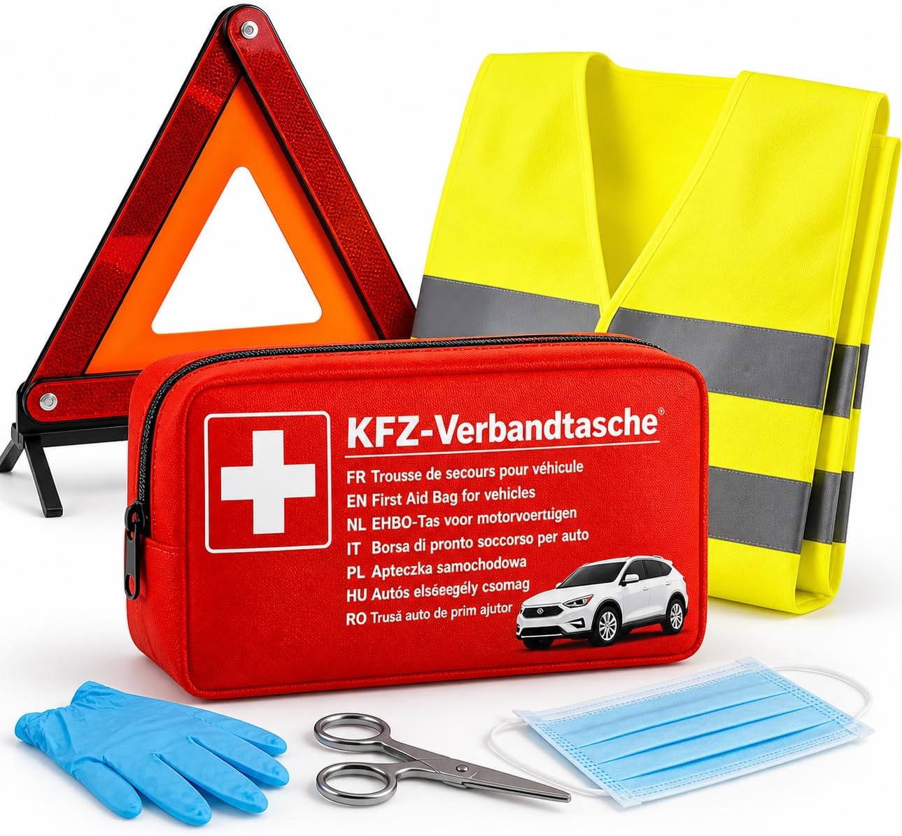 3-in-1-Set Auto-Pannenset geprüft 2026 & Autozubehör – Kfz-Verbandkasten mit Verbandskasten & Warnweste & Warndreieck für die StVO