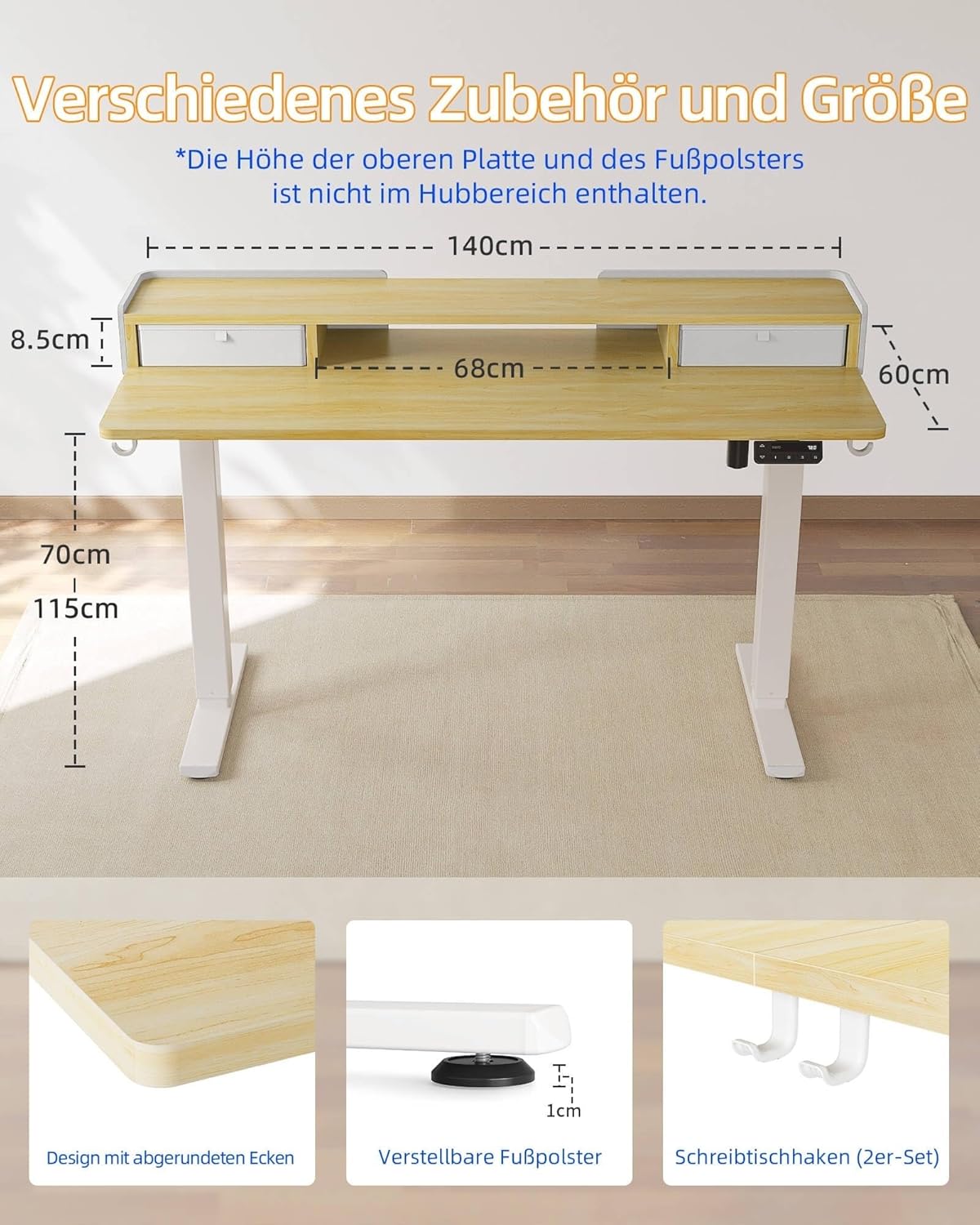 YIHAYO Höhenverstellbarer Schreibtisch mit Schubladen und Monitorständer, 140 x 60 cm, elektrischer Schreibtisch, Stehpult mit Memory-Funktion, Natur – Bild 8