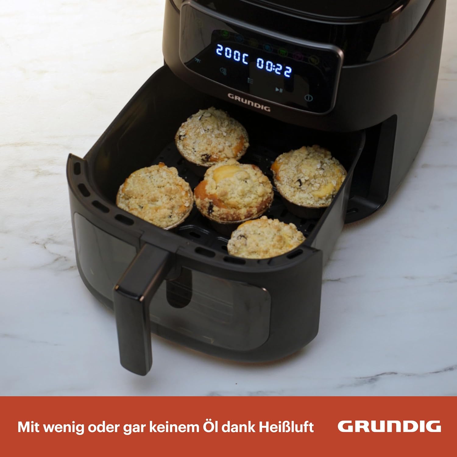 Grundig FRY 7320 Heißluftfritteuse, 7,6 l Fassungsvermögen, 1750 W, Touch-Display, großes Sichtfenster, Temperatur- und Zeiteinstellung, Antihaftbeschichtung, spülmaschinenfester Korb, Schwarz – Bild 3