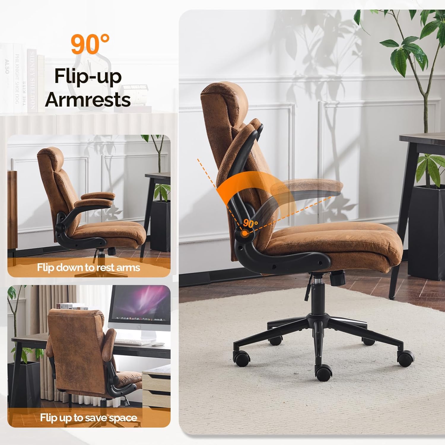Bonnlo Ergonomischer Bürostuhl, Schreibtischstuhl mit hochklappbarer Armlehne, Computerstuhl, Drehstuhl, Wippfunktion 105°-120°, höhenverstellbar, drehbar, 150 kg belastbar (Mikrofaser, Braun) – Bild 4