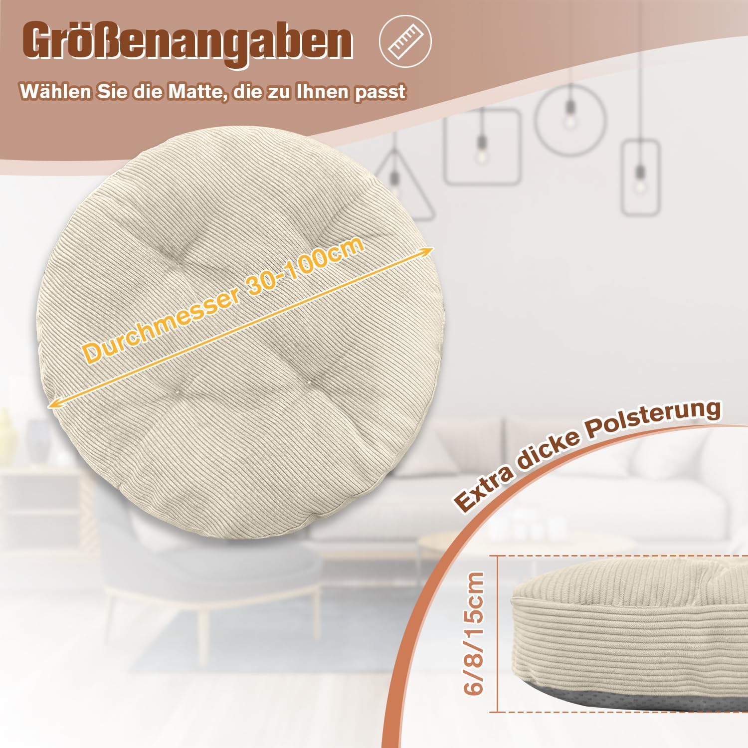Sitzkissen rund, 40 cm, Dicke 6 cm, 1 Stück, Bodenkissen, rundes Sitzkissen, Stuhlkissen, Sitzkissen, Stuhlkissen, Kissen für Wohnzimmer, Büro, Konferenzraum, Cordstoff (weiß) – Bild 5