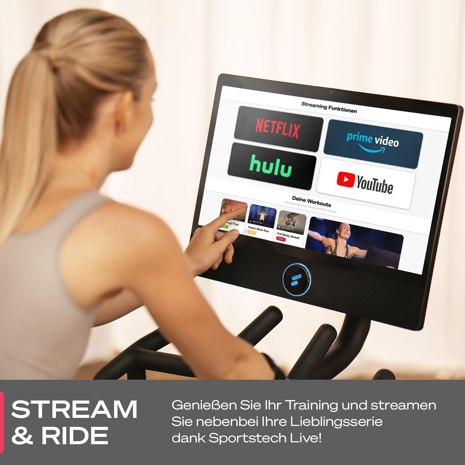 Sportstech Heimtrainer + 21,5 Zoll Touch-Display – Deutsche Qualitätsmarke – App mit Live-Workouts & Kursen, Fitnessbike mit patentierter LED-Technologie, Ergometer, sBike – Bild 3