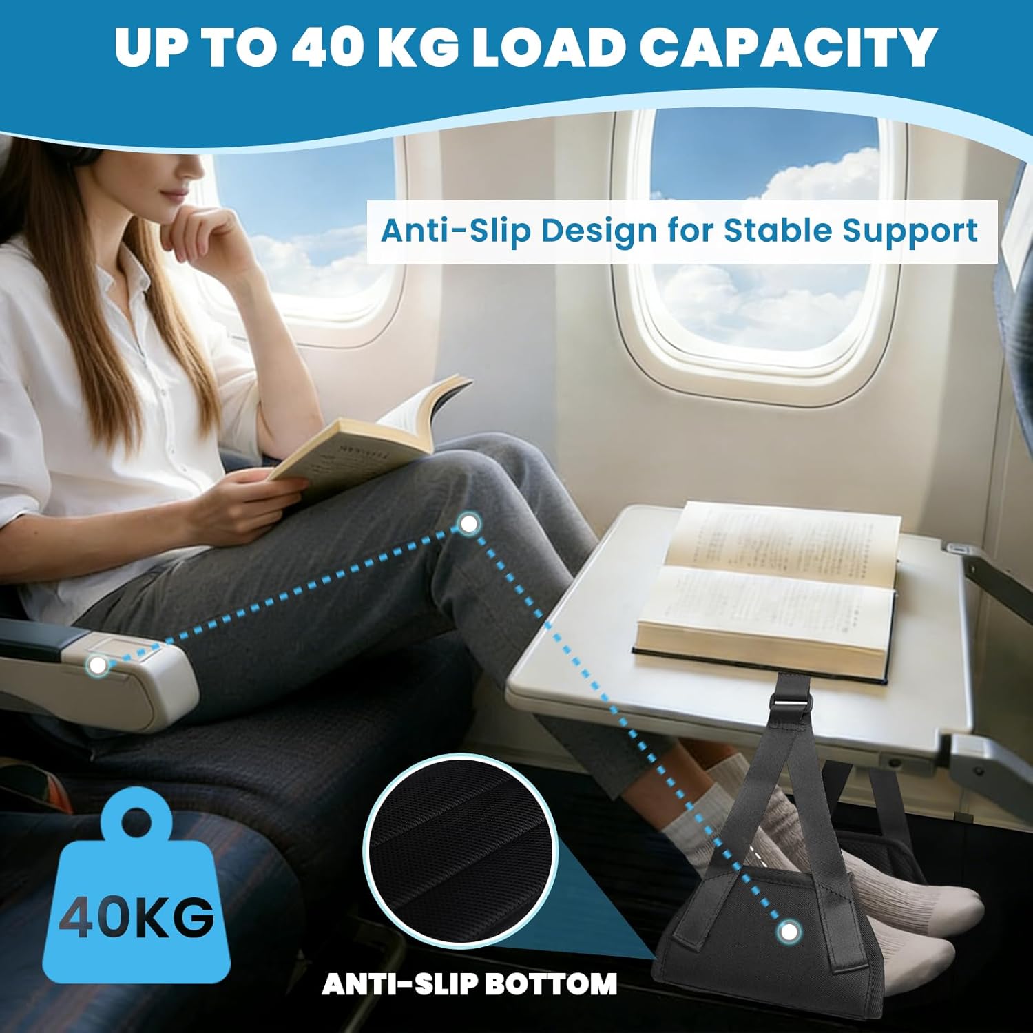 Flugzeug-Fußstütze, tragbare verstellbare Reise-Fußhängematte, aus Memory-Form, rutschfest, atmungsaktiv, maximale Belastung 40 kg, ergonomische Fußstütze für Reisen, Büro und Zuhause – Bild 4