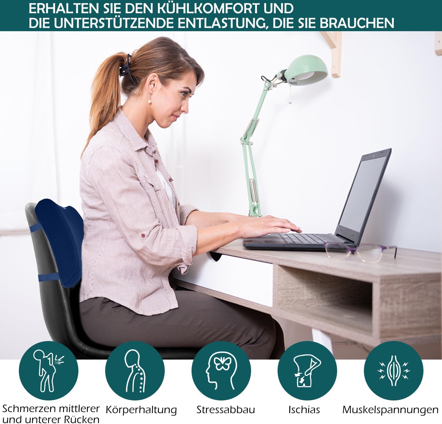 Blaues ergonomisches Rückenkissen lindert und beugt Rückenschmerzen vor – Memory-Schaum-Lendenkissen für Büro, Rollstuhl, Zuhause (Marineblau) – Bild 5