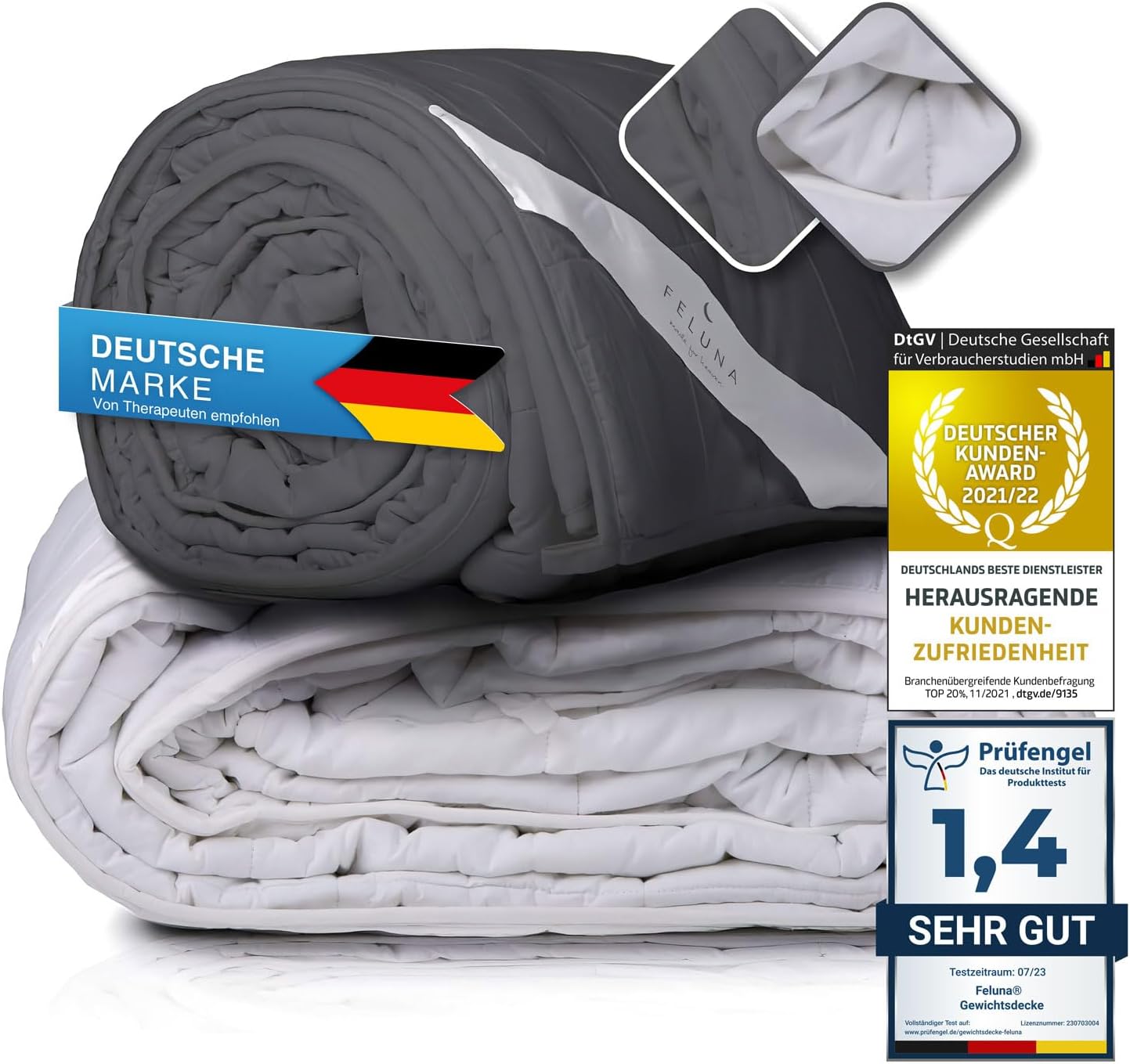 Feluna XXL Gewichtsdecke 155 x 200 cm Therapiedecke 8 kg – Anti-Stress-Bettdecke Gewichtsdecke – Entspannungsdecke bei Angstzuständen und Schlafstörungen (Grau)