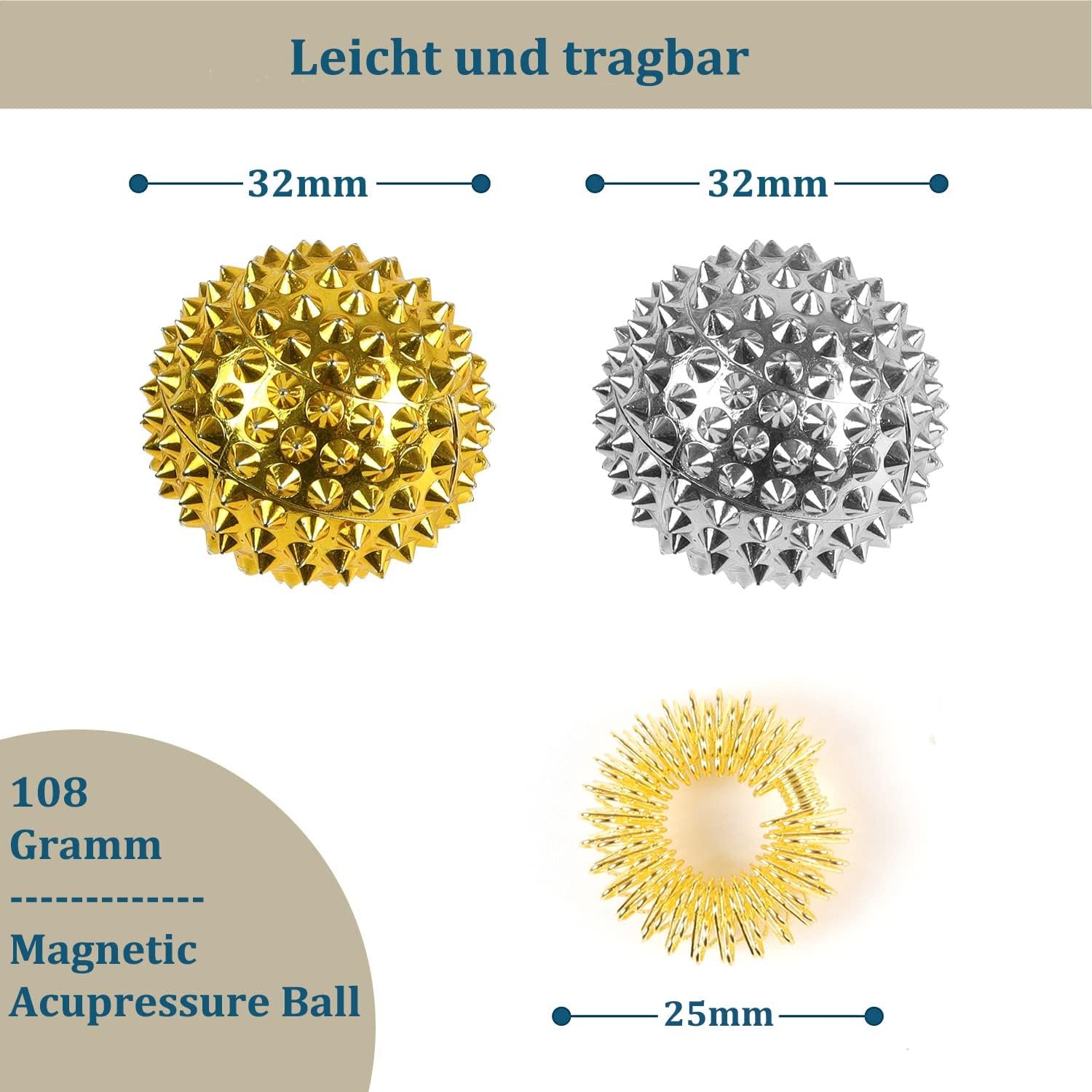 2 Stück magnetische Akupressurbälle & 3 Stück Massageringe für Finger-Igelball-Massage, klein, 32 mm Durchmesser, Fähigkeiten-Borderline-Set für Stressabbau oder Massage (Silber) – Bild 2