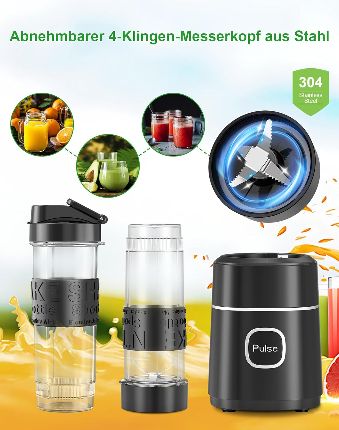 Mixer, Smoothie Maker, 500 W Mini-Standmixer mit 2 x 570 ml Tritan BPA-freier Flasche, tragbarer Edelstahlmixer, geräuscharm, leicht zu reinigendes 4-Klingen-System, für jede Art von Shake und Smoothie – Bild 3